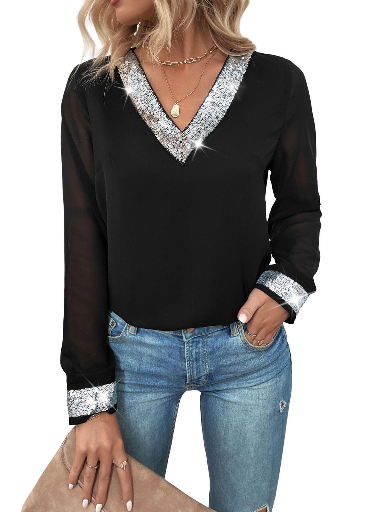 VerdusaWomen's Contrast Mesh Long Sleeve V Neck Sequin Blouse Shirt Top