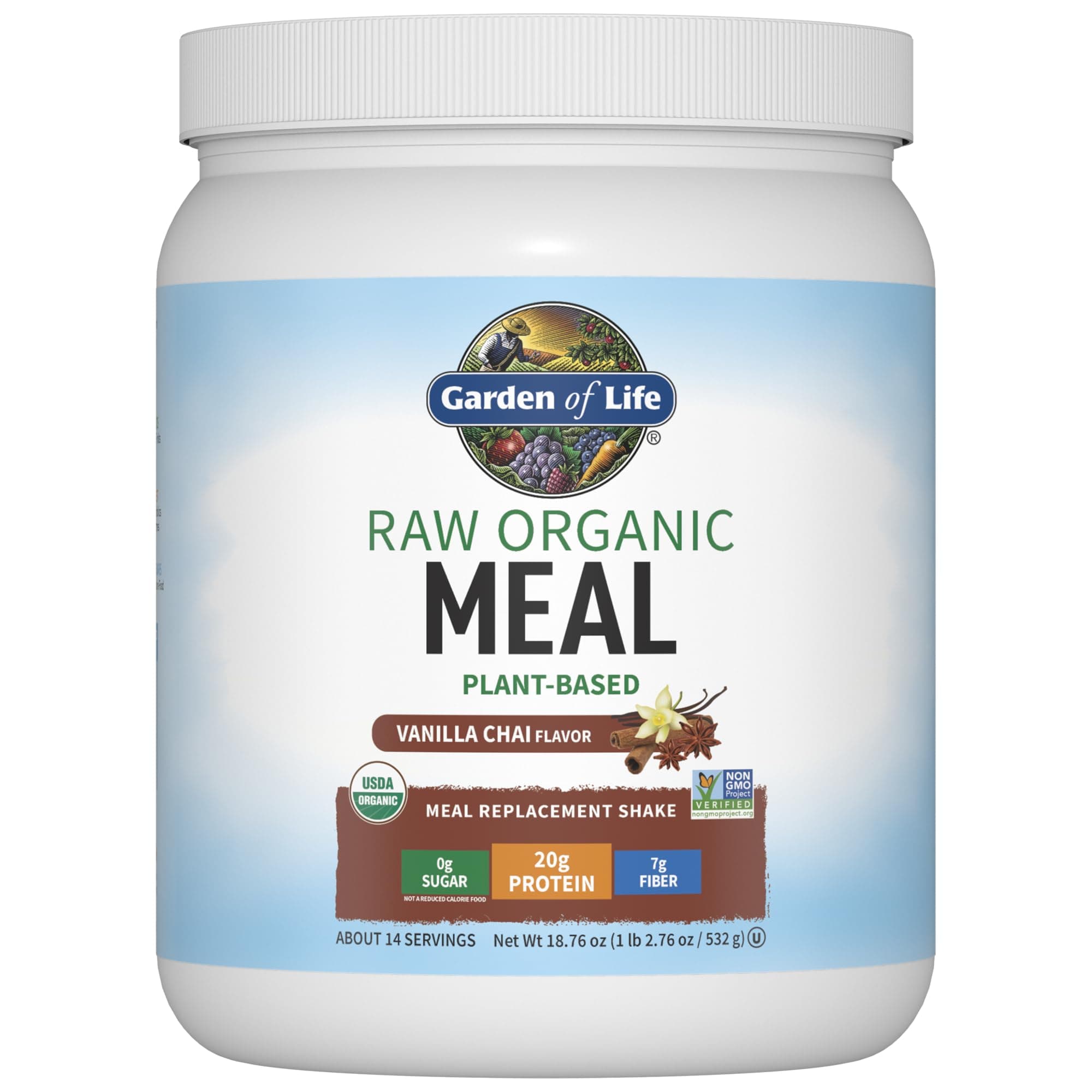 Meal Replacement Shakes, Vegan Protein Powder, Raw Organic Meal, Vanilla Chai Powder with Plant Based Pea Protein, Sprouts, Greens, Probiotics, Dairy Free 14 Servings