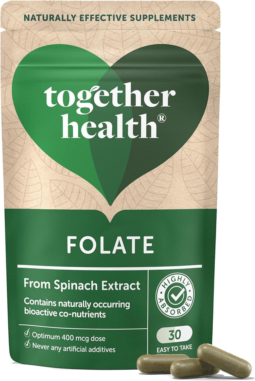 Folate from Spinach | Natural Alternative to Folic Acid | 400 mcg | 5-MTHF Form | Vegan | Made in The UK | 30 Capsules | Together Health