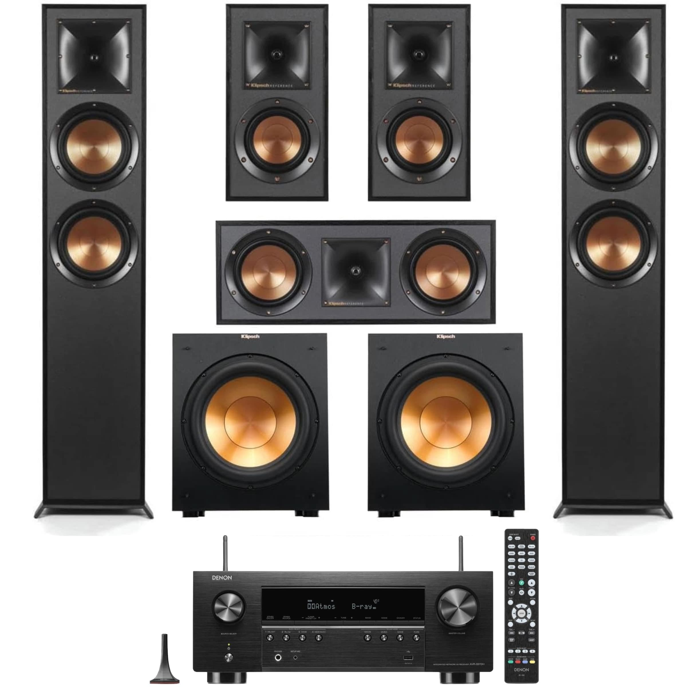 Klipsch Reference 5.2 Home Theater System, Bundle with 2X R-625FA Floorstanding Speaker, 2X R-12SW Subwoofer, R-52C Center Channel, R-41M Bookshelf Speaker Pair, 7.2-Channel Receiver, Black