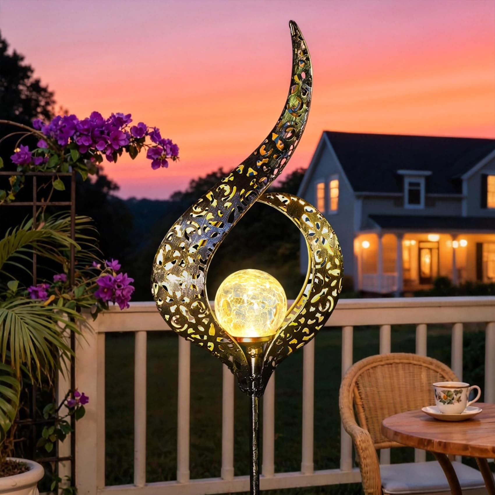 Outdoor Garden Gifts Solar Lights Stake Waterproof, Mothers Day Gifts Mom, Crackle Glass Metal Flower LED Yard Art Ornaments Lights for Pathway, Lawn or Courtyard, Birthday Gifts Women (Bronze)