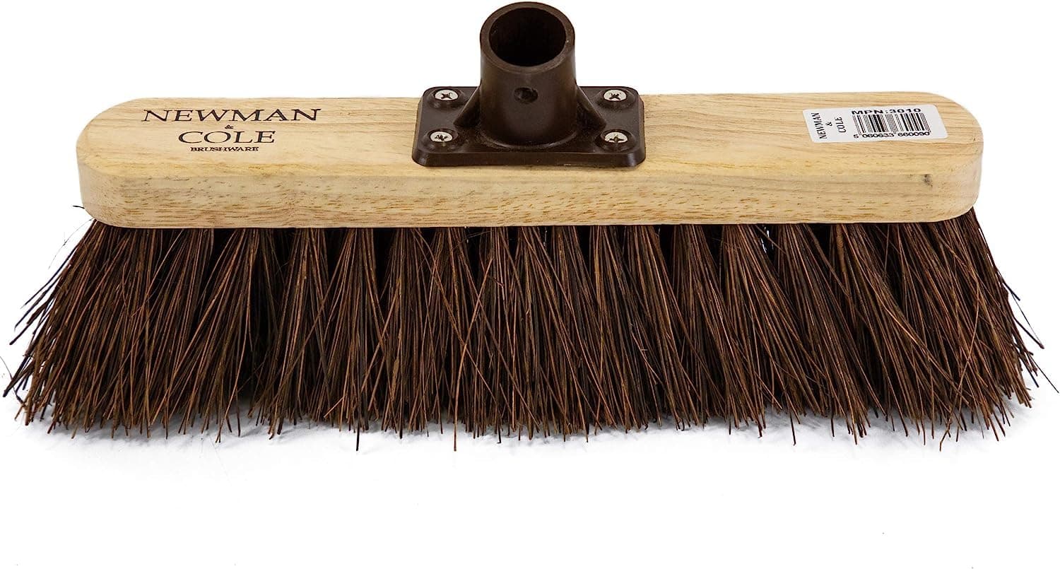 12" Wooden Broom Head with Stiff Bassine Natural Hard Bristle - Replacement Wooden Broom Head for Outdoor Garden Yard Brush Sweeping - Wood Brush Head Fitted Fixing Bracket Connector