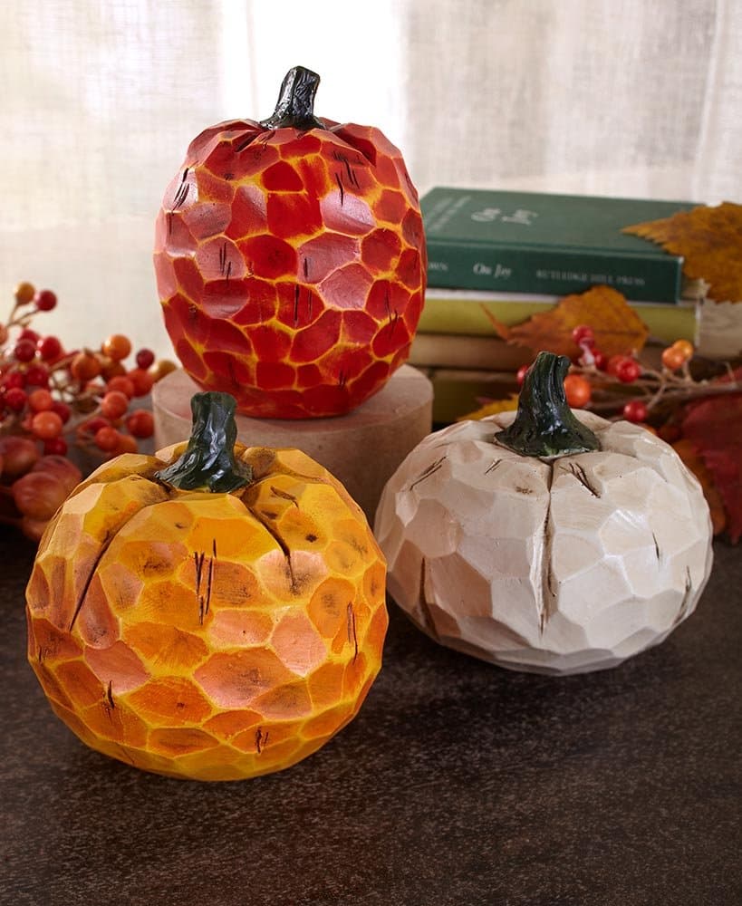 Small Carved Pumpkin Set of 3 - Fall or Thanksgiving Decoration or Table Centerpiece Decor
