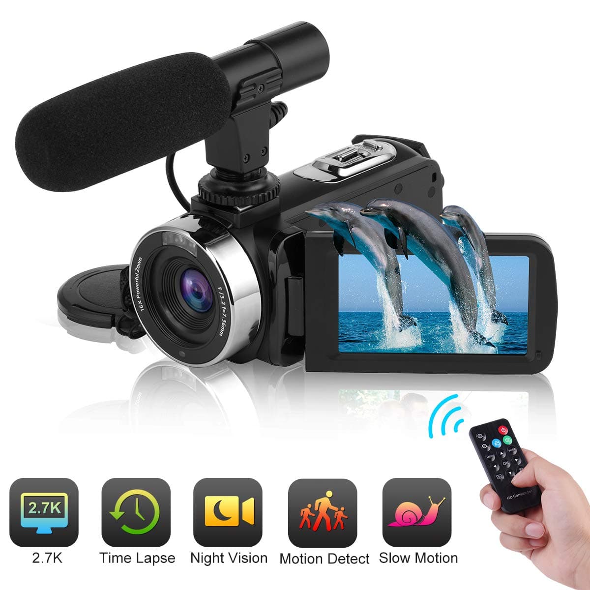 Camcorder Digital Video Camera Vlogging Camera with Microphone Full HD 1080P 30FPS 24MP 3 Inch LCD Touch Screen 270 Degree Rotation LCD for YouTube Camera with Remote Control