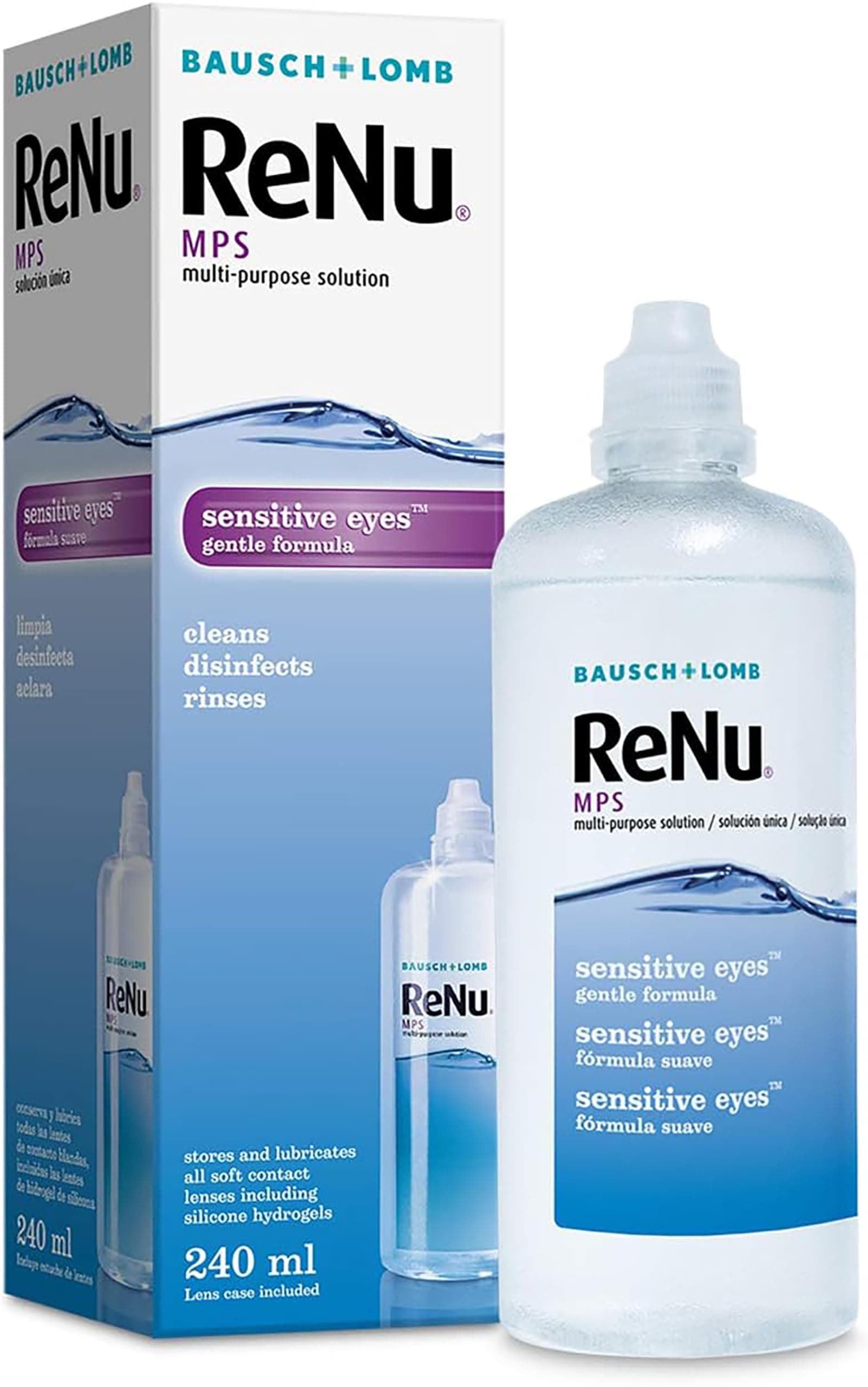 ReNu Multi-Purpose Contact Lens Solution 240 Ml - For Soft Contact Lenses Comfortable Wear, Gentle On Sensitive Eyes, Clean, Disinfect, Rinse, Lubricate And Store Your Lenses, Lens Case Included