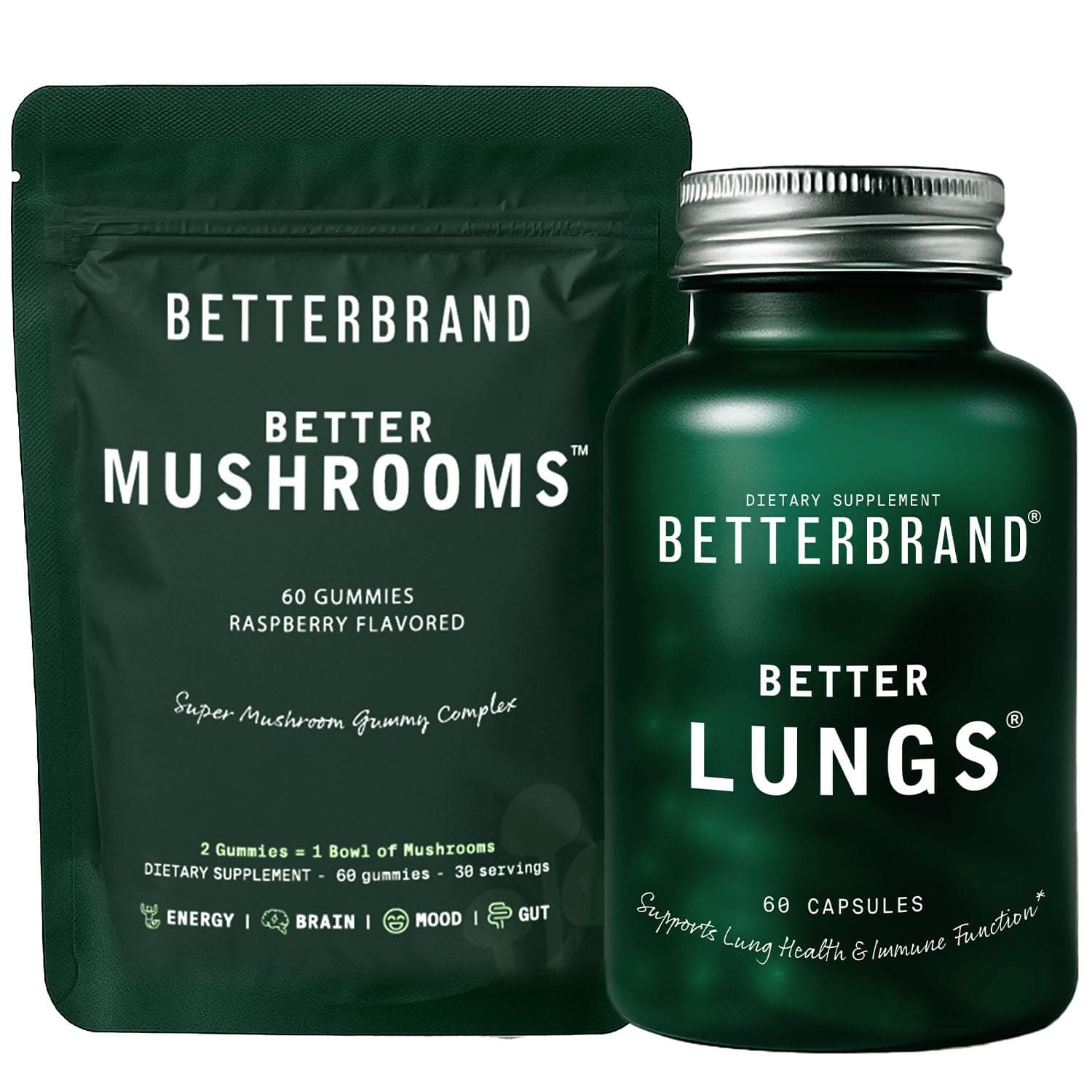 Betterbrand Better Lungs & Mushrooms Bundle - Daily Respiratory Health Supplement & Mushroom Gummies to Support Gut Health Bundle