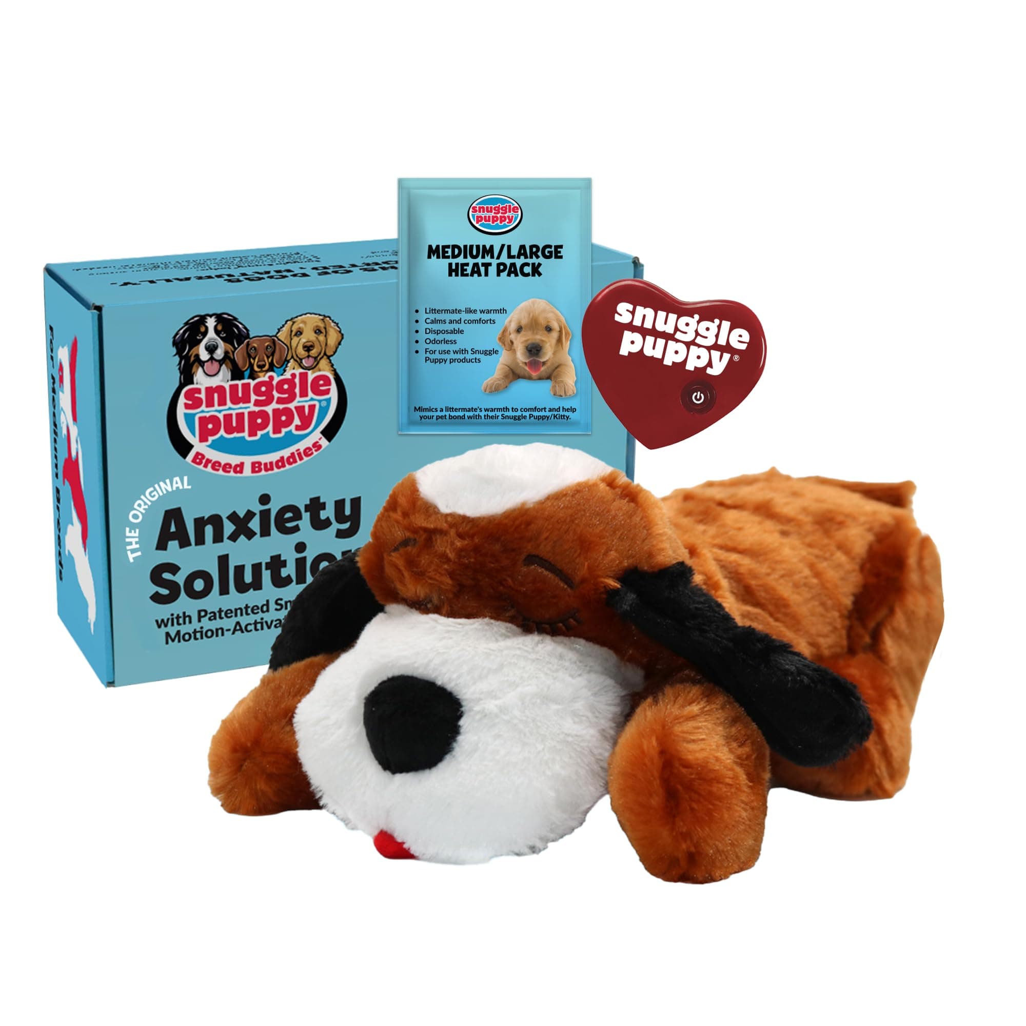 Snuggle Puppy Original Heartbeat Stuffed Toy for Dogs. Pet Anxiety Relief and Calming Aid, Comfort Toy for Behavioral Training in Brown and White