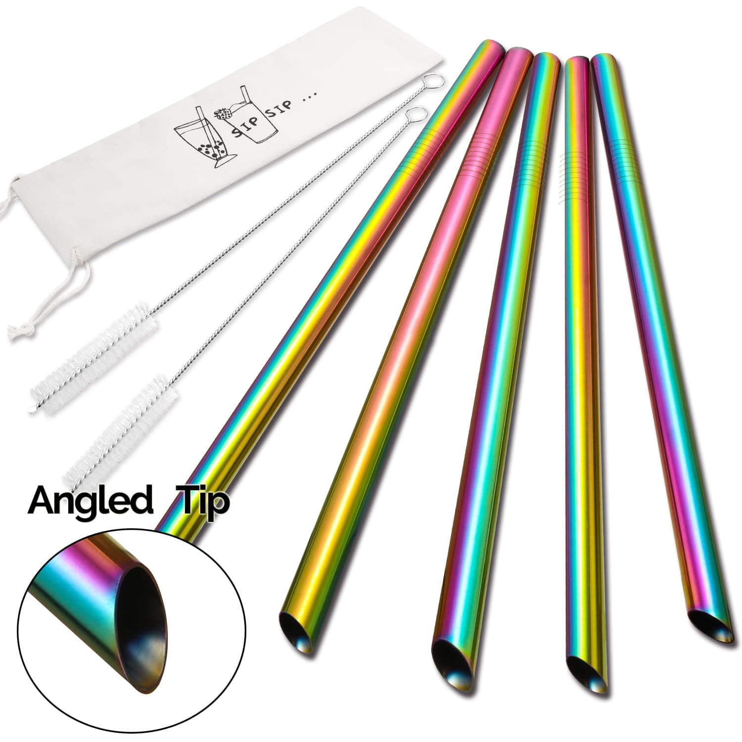 5 Pcs 10" Reusable Boba & Smoothie Straws - Rainbow Colors & Angled Tips, 0.5" Wide Stainless Steel Straws for Bubble Tea, Milkshakes, Jumbo Drinks | 2 Cleanning Brushes & 1 Case