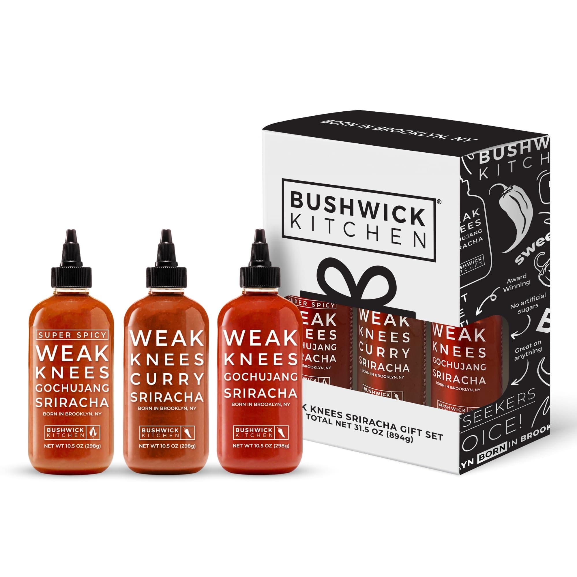 Bushwick Kitchen Sriracha Sampler Gift Box, Set Includes Gochujang Sriracha, Super Spicy Gochujang Sriracha, Curry Sriracha Hot Sauce, 5 Recipes, Chile Pepper Dish Towel, and Bushwick Kitchen Gift Box
