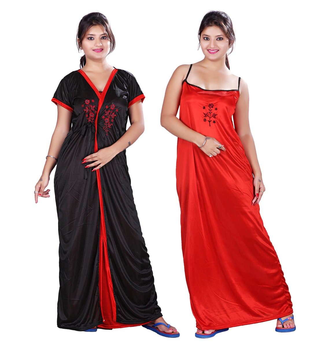 BAILEY SELLS Women's Satin Embroiderd Slip & Robe (BAILEY0166_Black & Red_Free Size)
