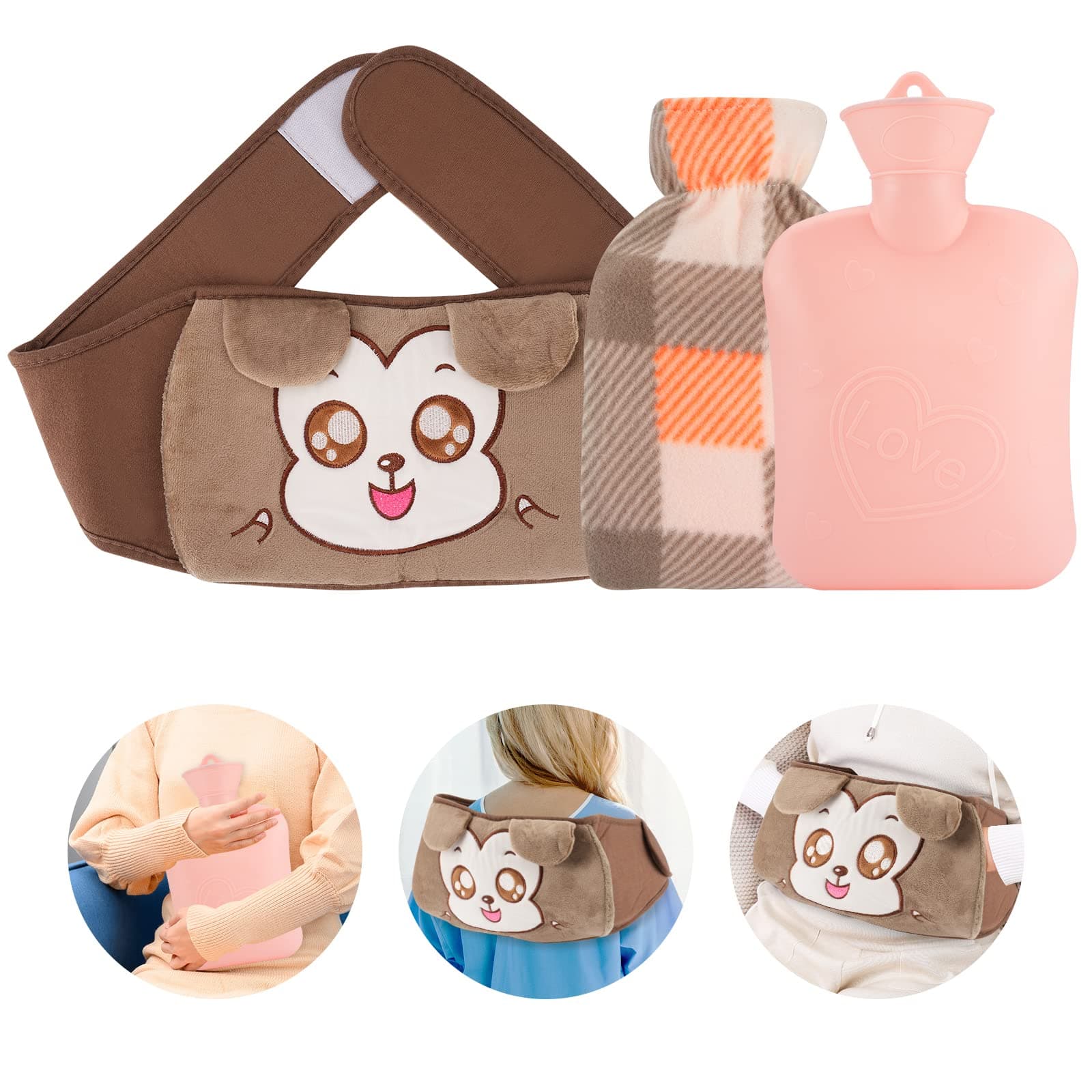 WIOR Hot Water Bottle with Cover, 2L Rubber Hot Water Bag for Hot and Cold Compress, Hand Feet Warmer Neck and Shoulder Pain Relief Portable Hot Water Bottles for Christmas Gift Woman (Brown)