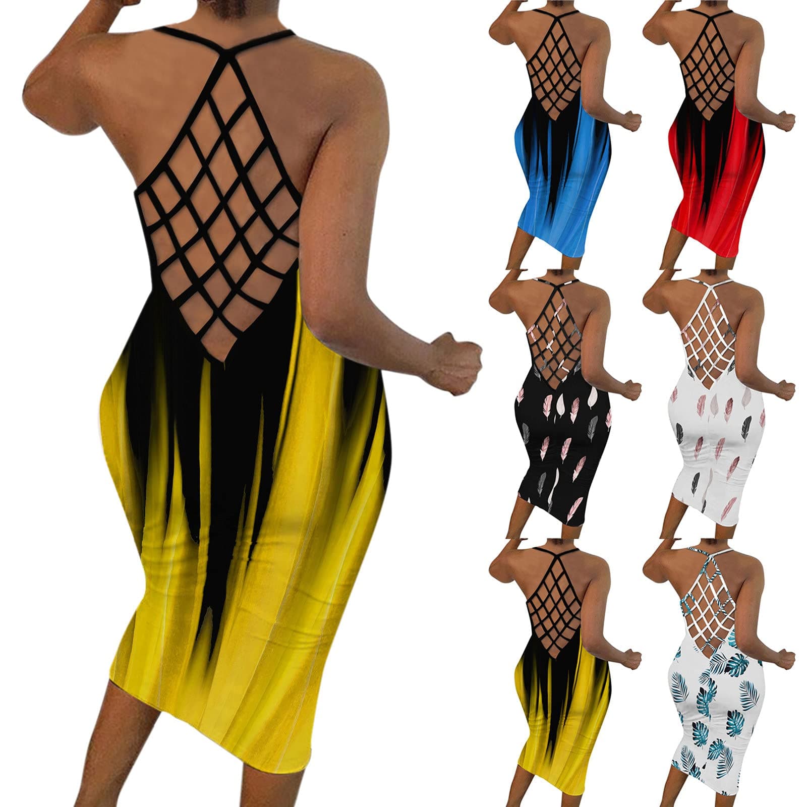 Halter Neck Splicing Fishnet Backless Sleeveless Skinny Maxi Dress for Women Tie dye Print Sundress Hip Bodycon Dresses