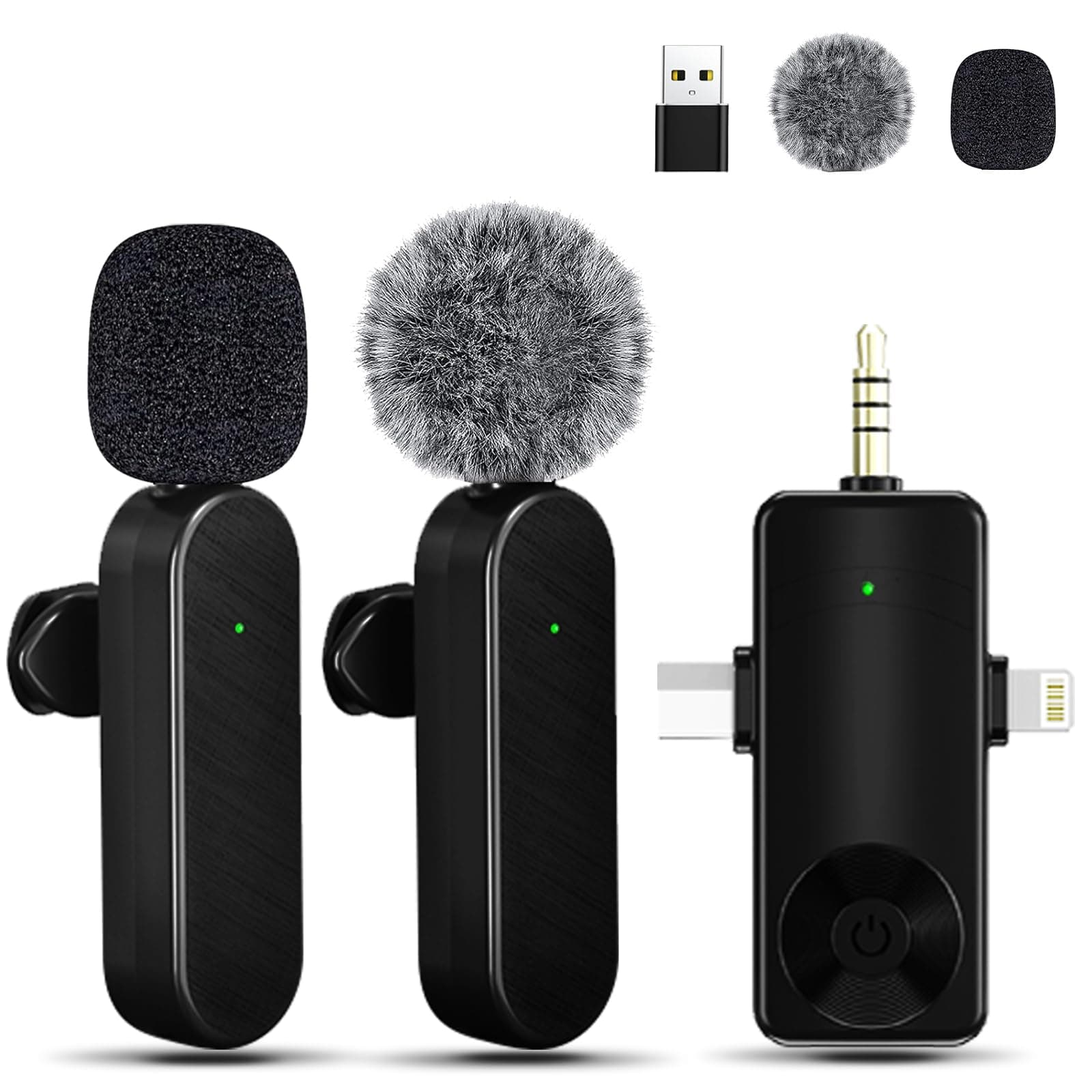 Mini Microphone for iPhone Android Camera iPad USB-C, 4 in 1 Professional Wireless Lavalier Lapel Microphone for Recording, Live Stream, YouTube, Facebook, TikTok, Vlog (2 Pcs)