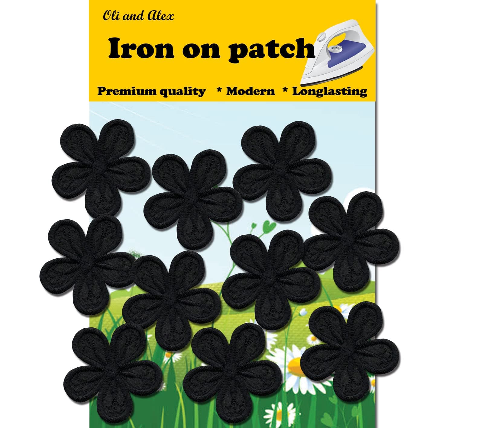 Iron on Patches- Flower Black Iron On Patches 10 Pieces Fabric Applique Motif Children Decal A-45
