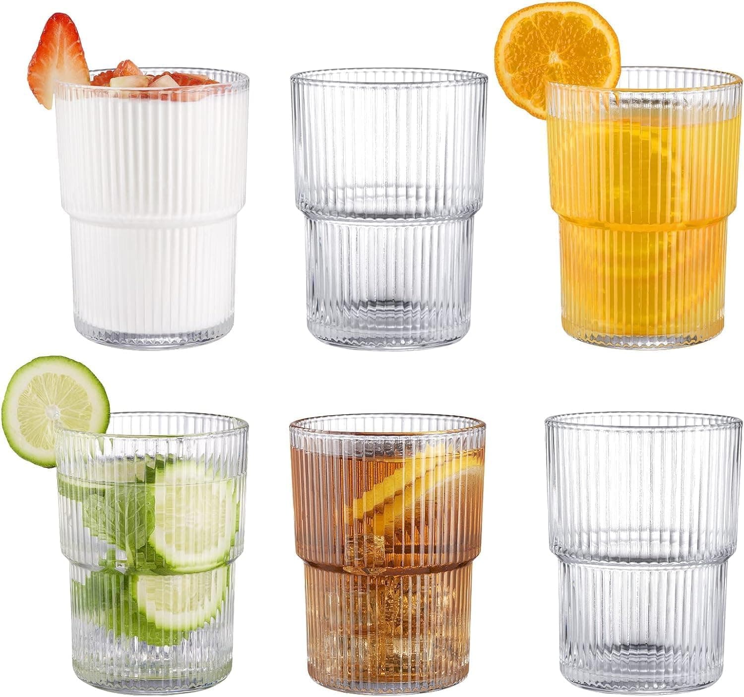 Water Glass Set of 6 Ribbed Drinking Glasses Heavy Base Durable Glass Cups for Juice, Wine, Beer, Cocktails and Mixed Drinks (Ribbed) 190 ML