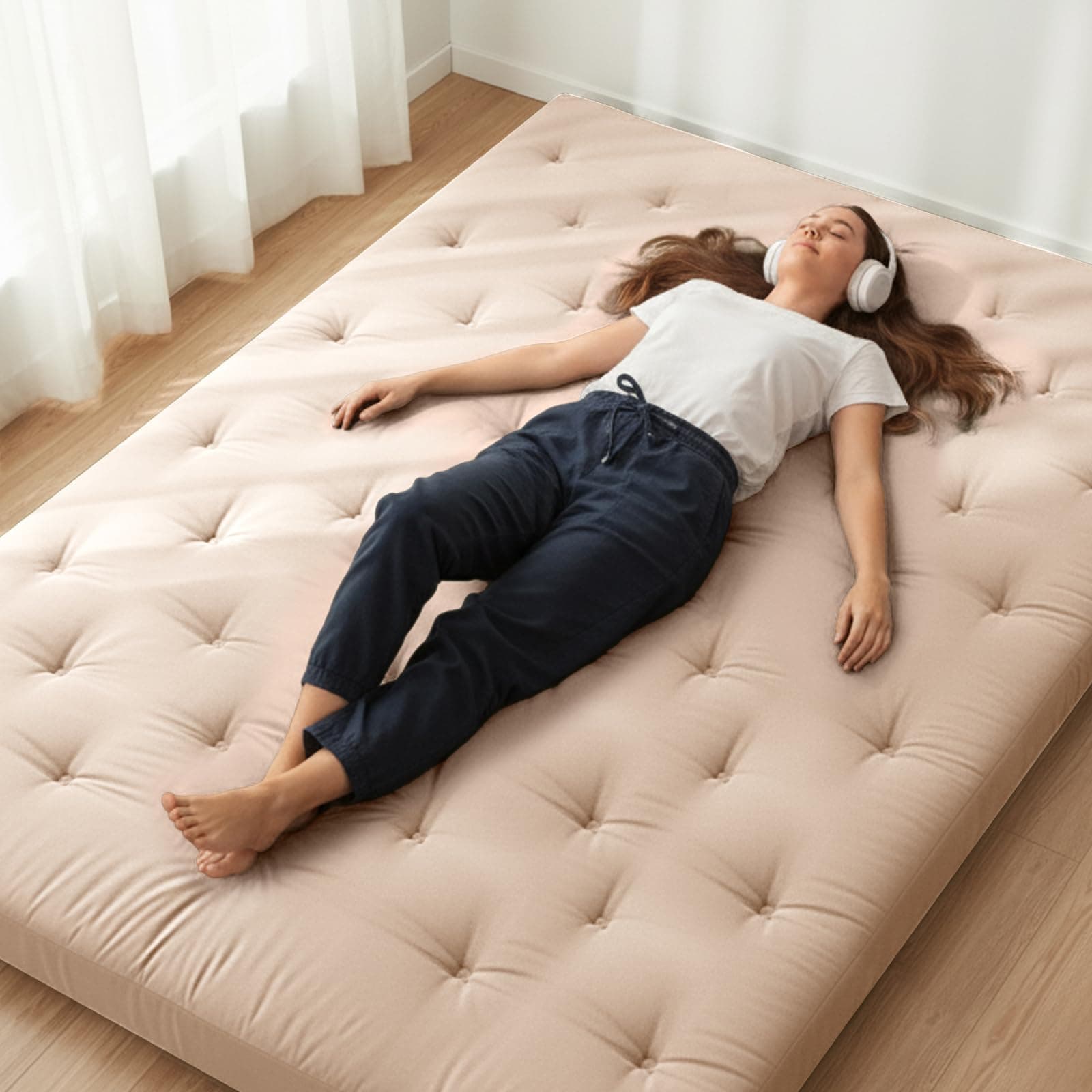 Japanese Floor Futon Mattress Twin Size 75"x 39", 100% Cotton Cover 2.5'' Thicken Tatami Mattress, Foldable Sleeping Pad, Portable Dormitory Tatami Mat(Khaki)