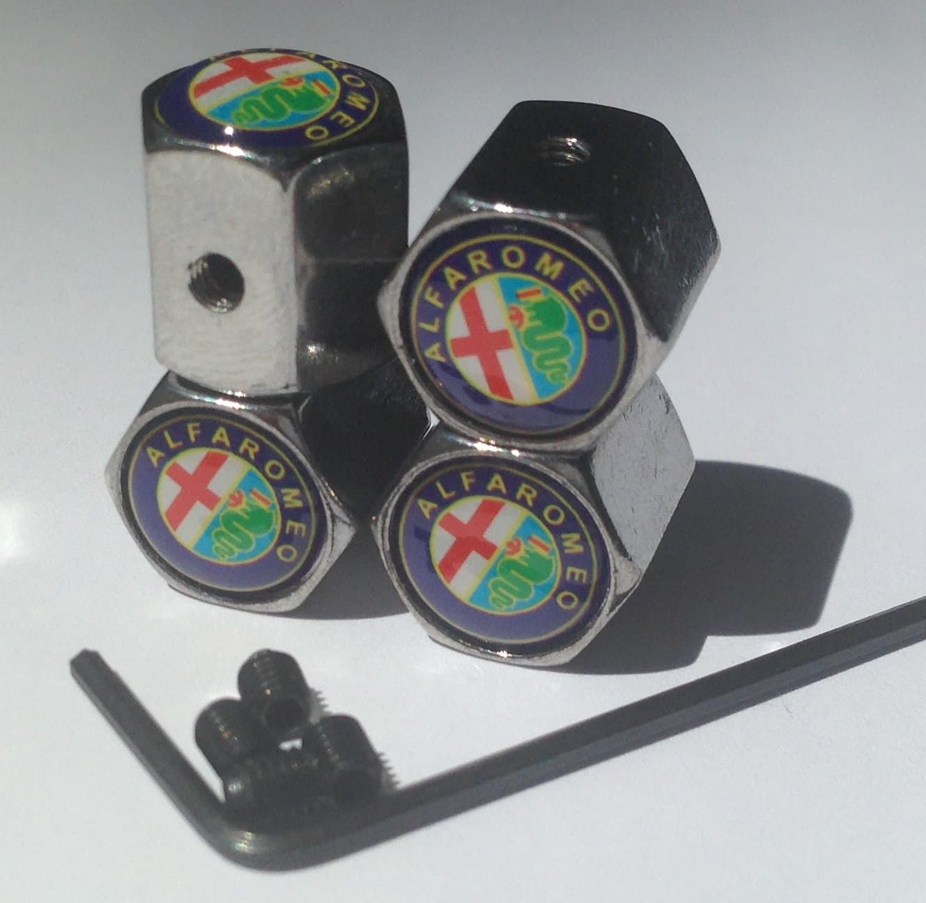 ALFA ROMEO CHROME ANTI THEFT ALLOY WHEELS TYRE VALVE CAPS DUCT COVER