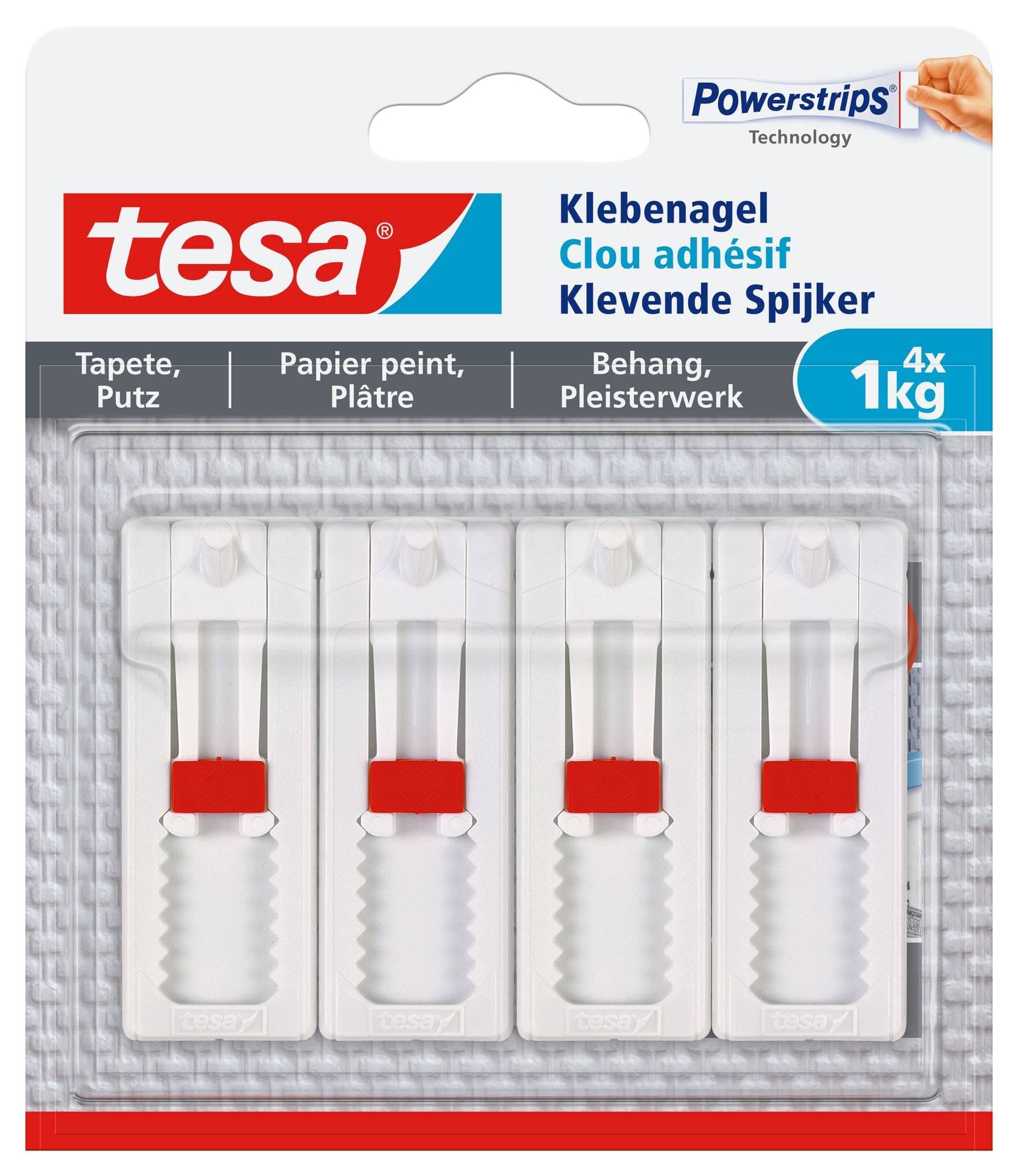 tesa Adjustable Adhesive Nail (for Wallpaper and Plaster 1 kg, Height Adjustable, Self-Adhesive Wall Nail, Up to 1 kg Holding Capacity per Nail) Pack of 4