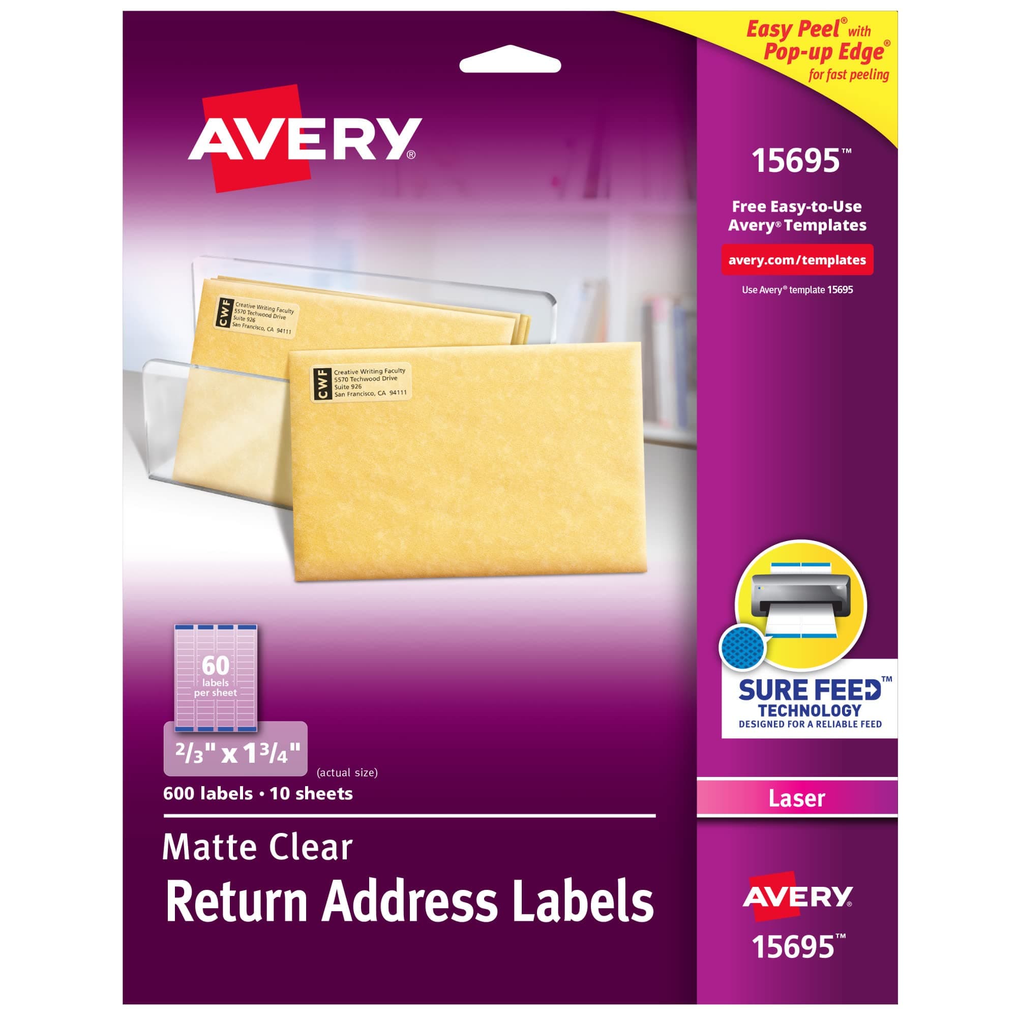 Avery Matte Clear Return Address Labels,Sure Feed Technology,Laser, 2/3" x 1-3/4", 600 Labels, 5 Packs (15695)
