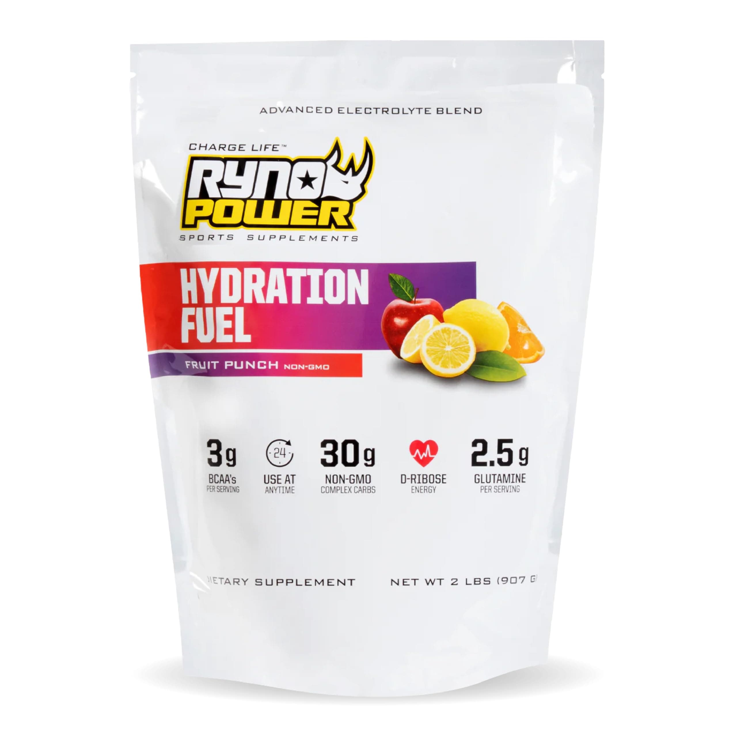Ryno Power Hydration Fuel Electrolyte Drink Mix 2lb (20 Servings) 'Fruit Punch' - Advanced Electrolyte Formula + BCAA's - Gluten Free - Sustained Energy and Muscle Recovery