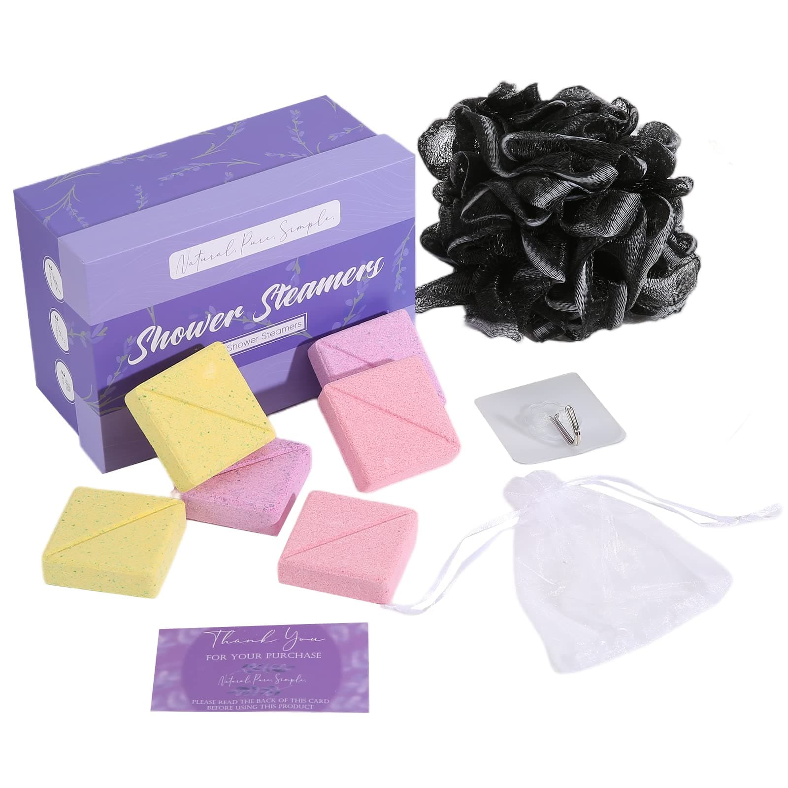 Y-KINZ Bath Bombs Shower Steamers Aromatherapy for Women Men Lavender|Eucalyptus|Rose Essential Oil Shower Fizzies Tablets Stress Relief SPA Relaxation Gifts Set（1.76oz/50g|6 Tablets +1 Loofah）