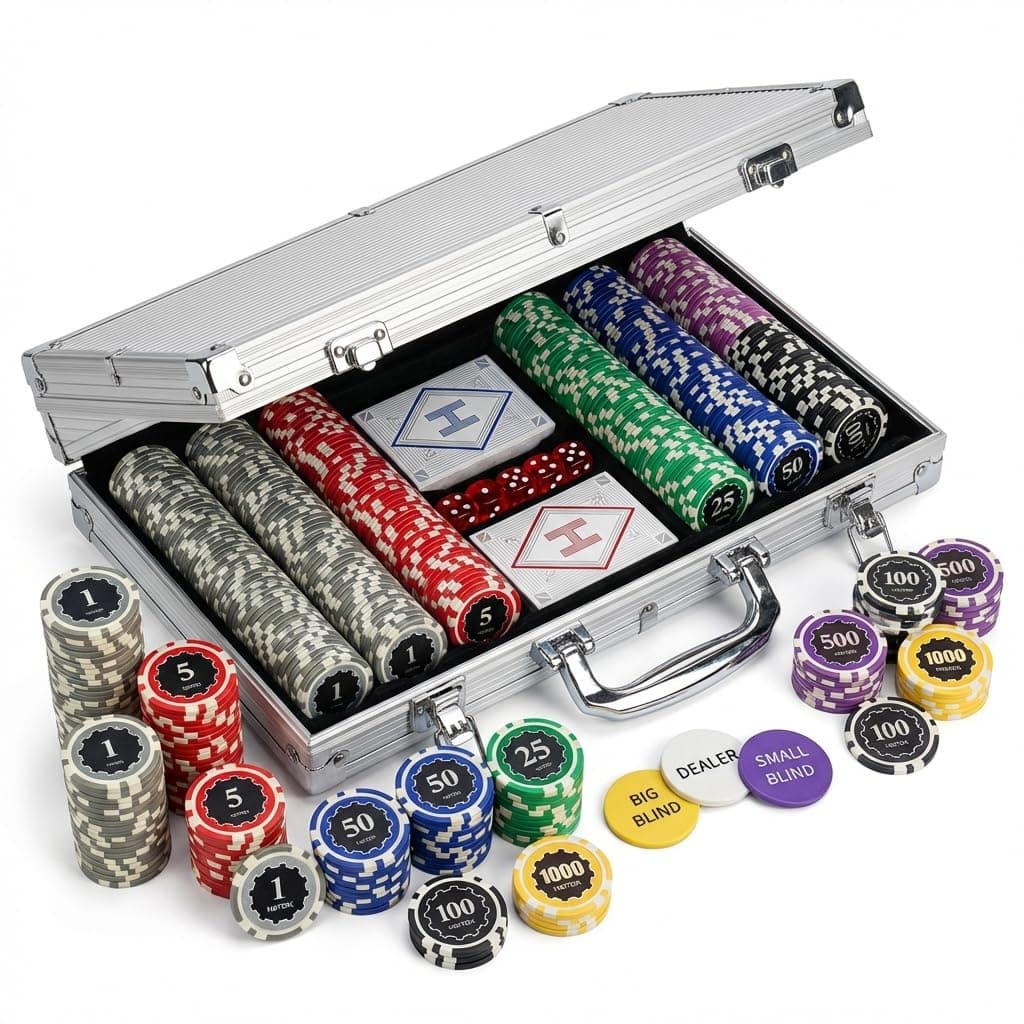 300 Piece Poker Chip Set with Denominations 11.5g Heavyweight Iron Core Chips Aluminum Case Cards and Dice for Texas Holdem Blackjack Casino Gaming