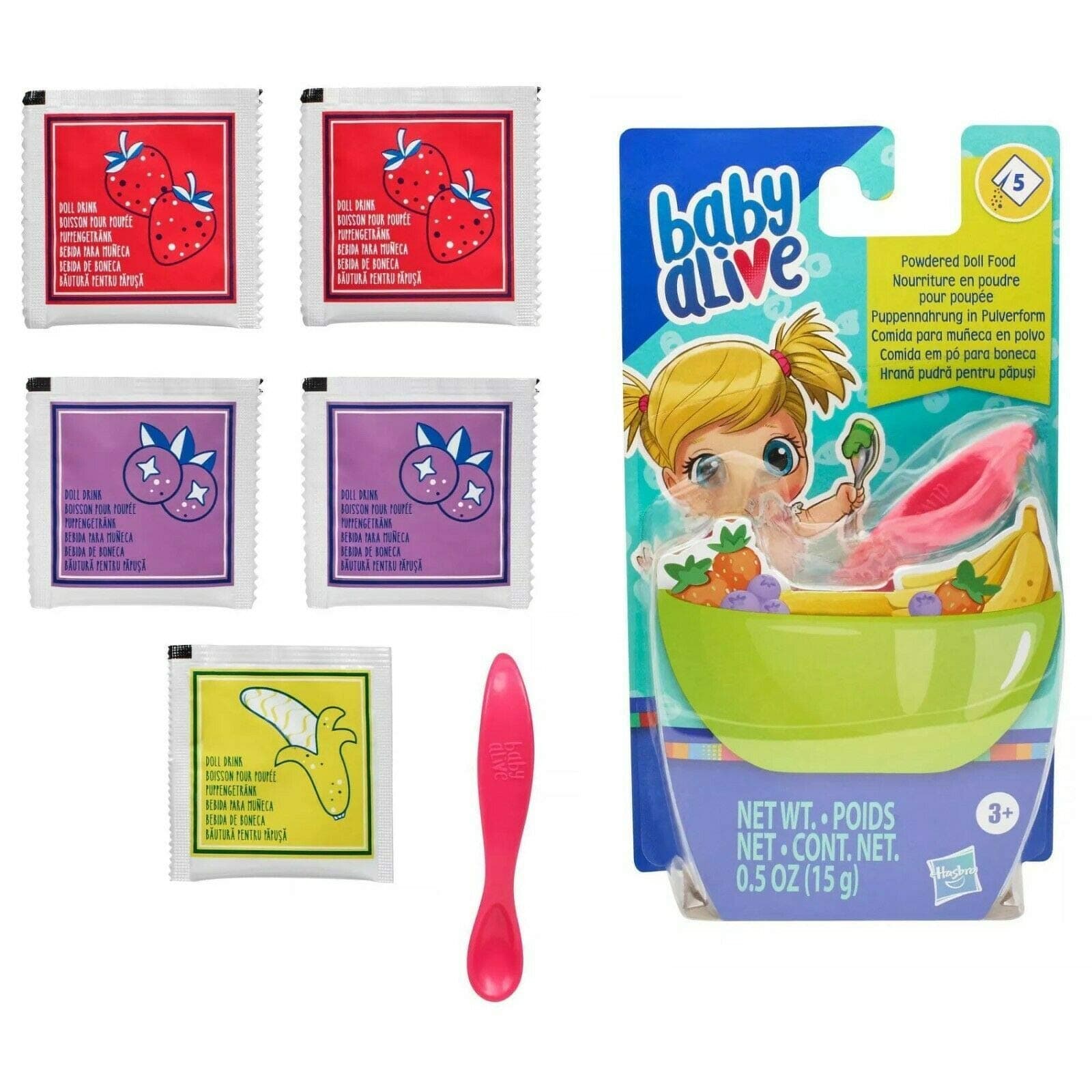 Baby Alive Powdered Doll Food Refill, Includes 5 Doll-Food Packets, 1 Spoon, Toy Accessories for Kids Ages 3 Years Old and Up