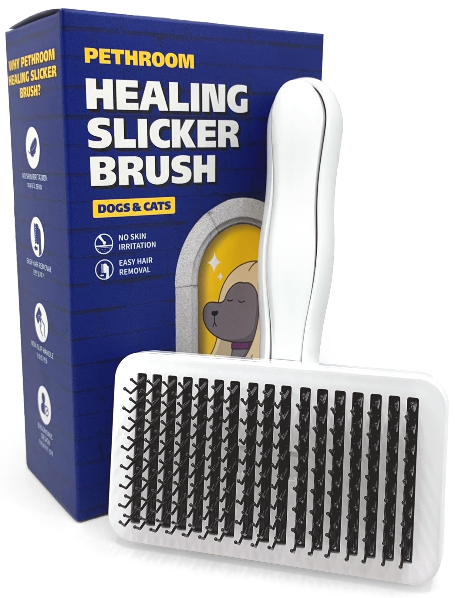 Pethroom Healing Brush, Slicker Brush, Dog & Cat Brush, Hair Loss, One Push Type, Skin Friendly, Painless, Washable (For Both Dogs and Cats)