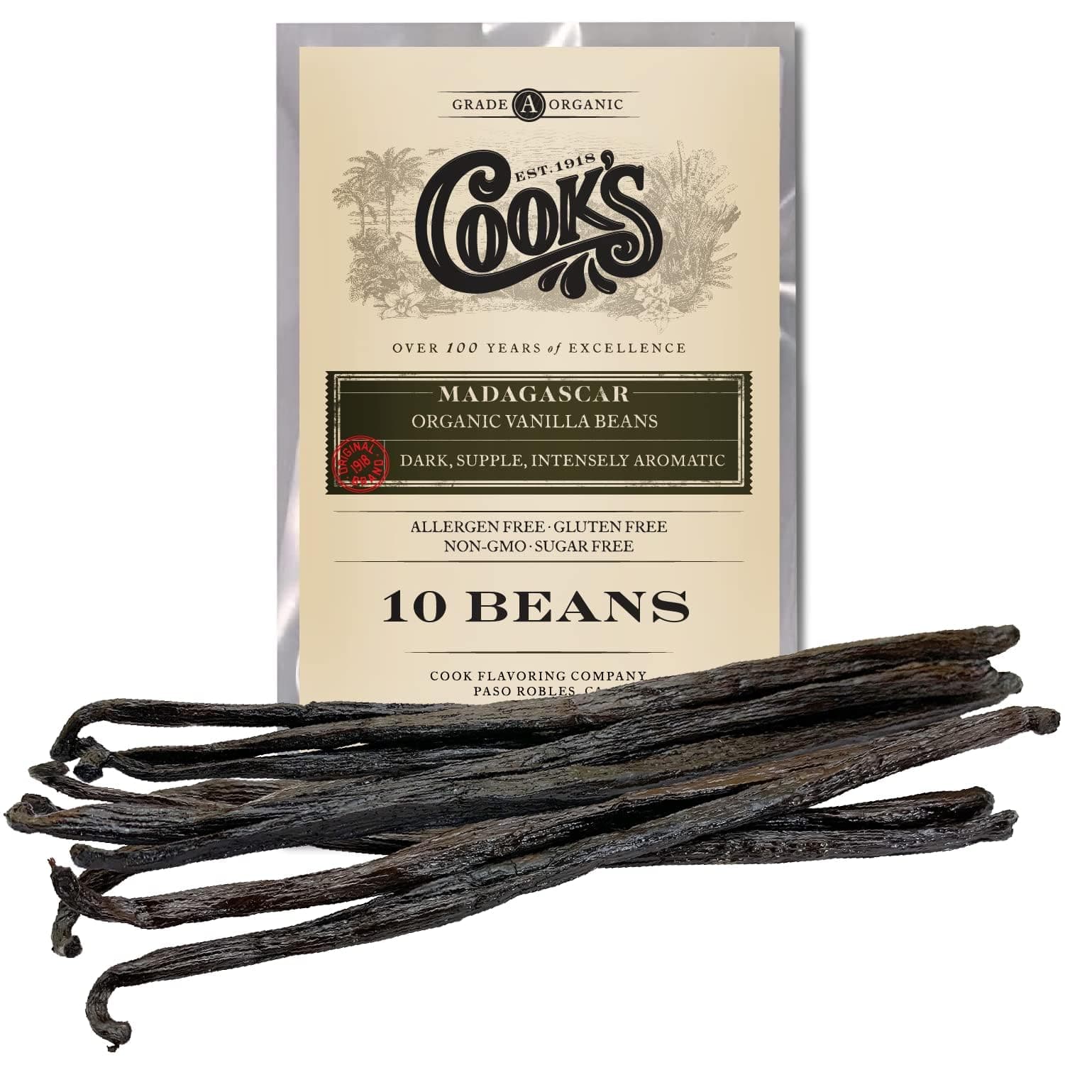 10 Organic Madagascar Whole Vanilla Beans, Grade A Pods, Premium Vanilla Beans for Making Extract & Baking - Cook’s