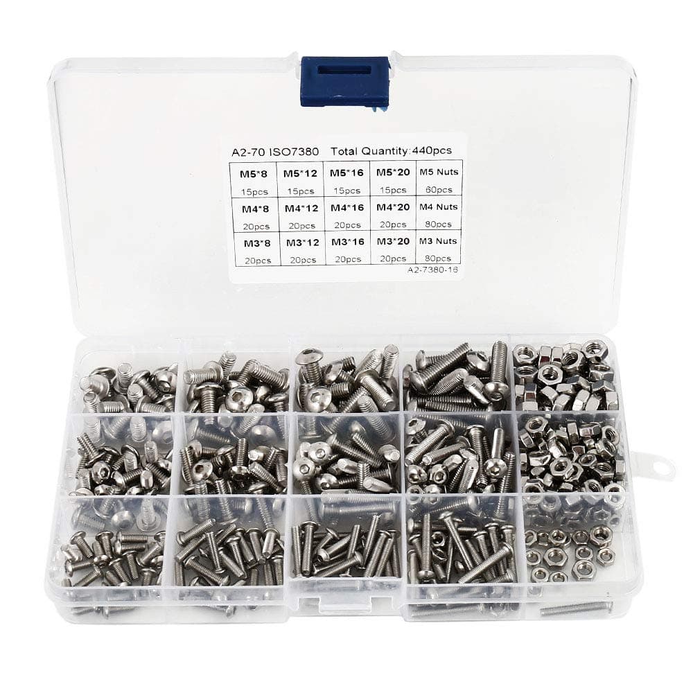 440Pcs Bolts and Nuts Set M3 M4 M5 Stainless Steel Hex Socket Button Head Cap Screws Bolts Nuts Assortment Kit