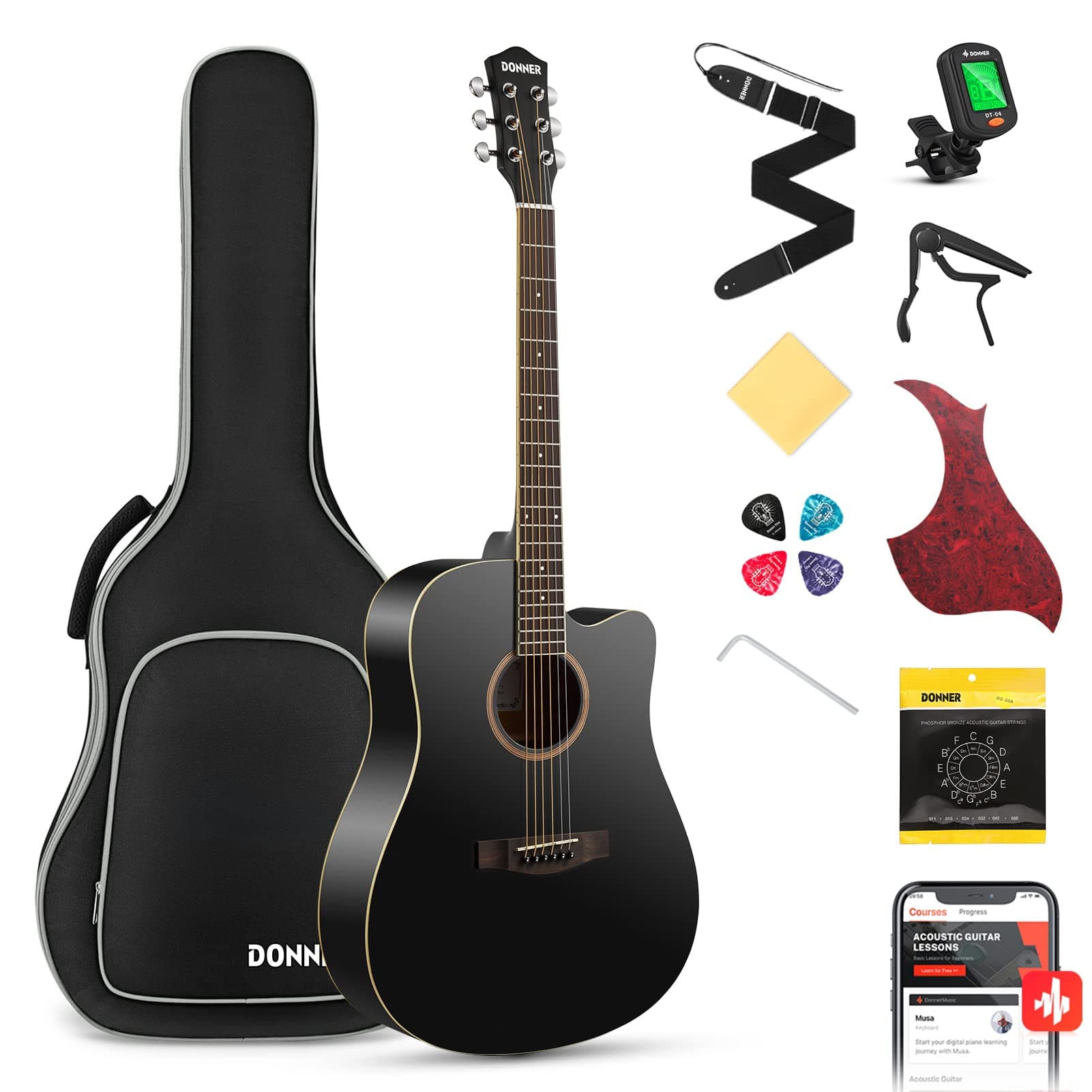 Donner Black Acoustic Guitar for Beginners, Adult, Teens, Starter Kits - Full Size 41'' Steel-String Acustica Guitarra Bundle Set with Free Online Lesson, Gig Bag, Strap, Tuner, Cutaway, DAG-1CB