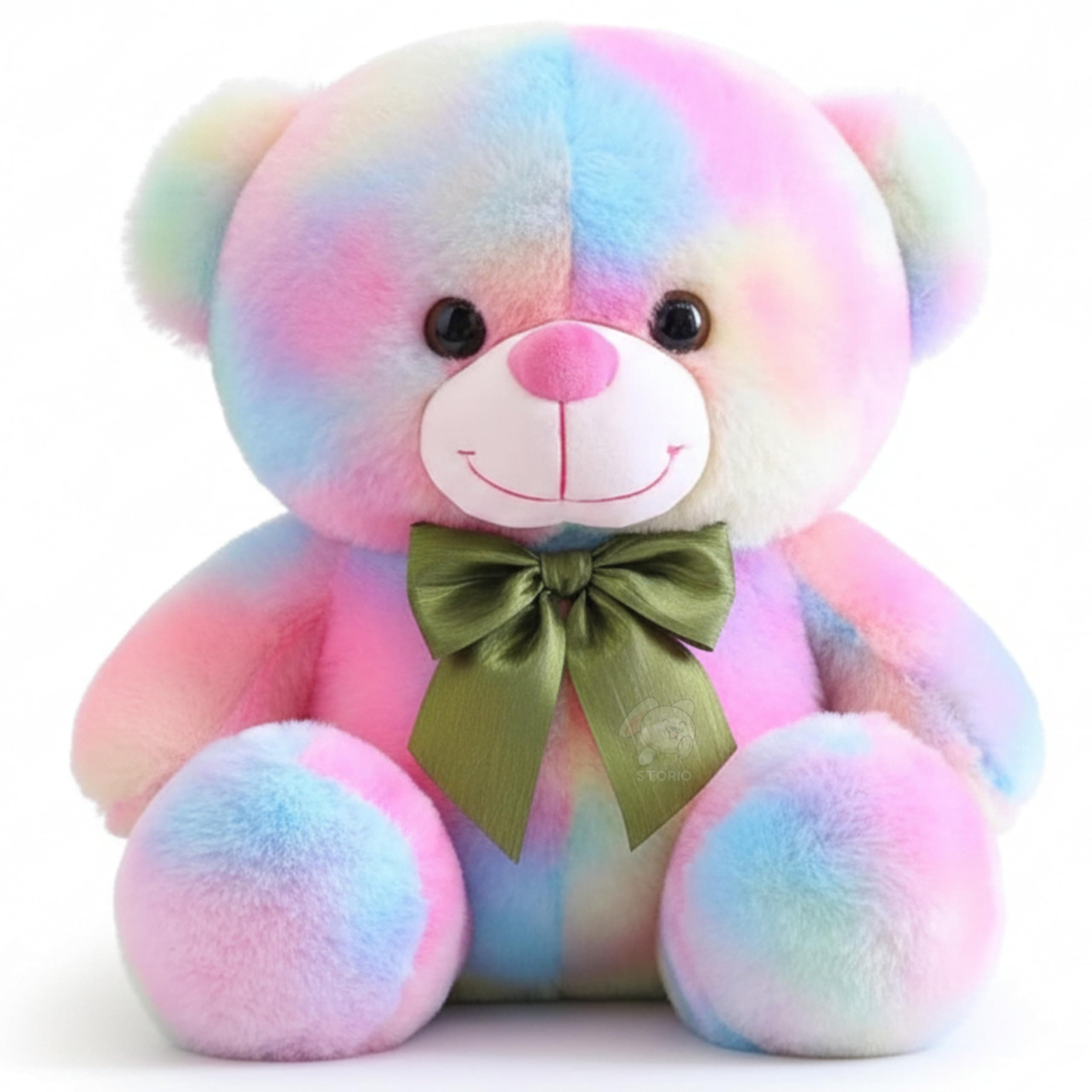 Storio Rainbow Plush Teddy Bear 30 cm – Soft Stuffed Animal Toy with Pastel Fur & Green Bow – Cute Cuddly Gift for Kids, Babies, Girls & Boys