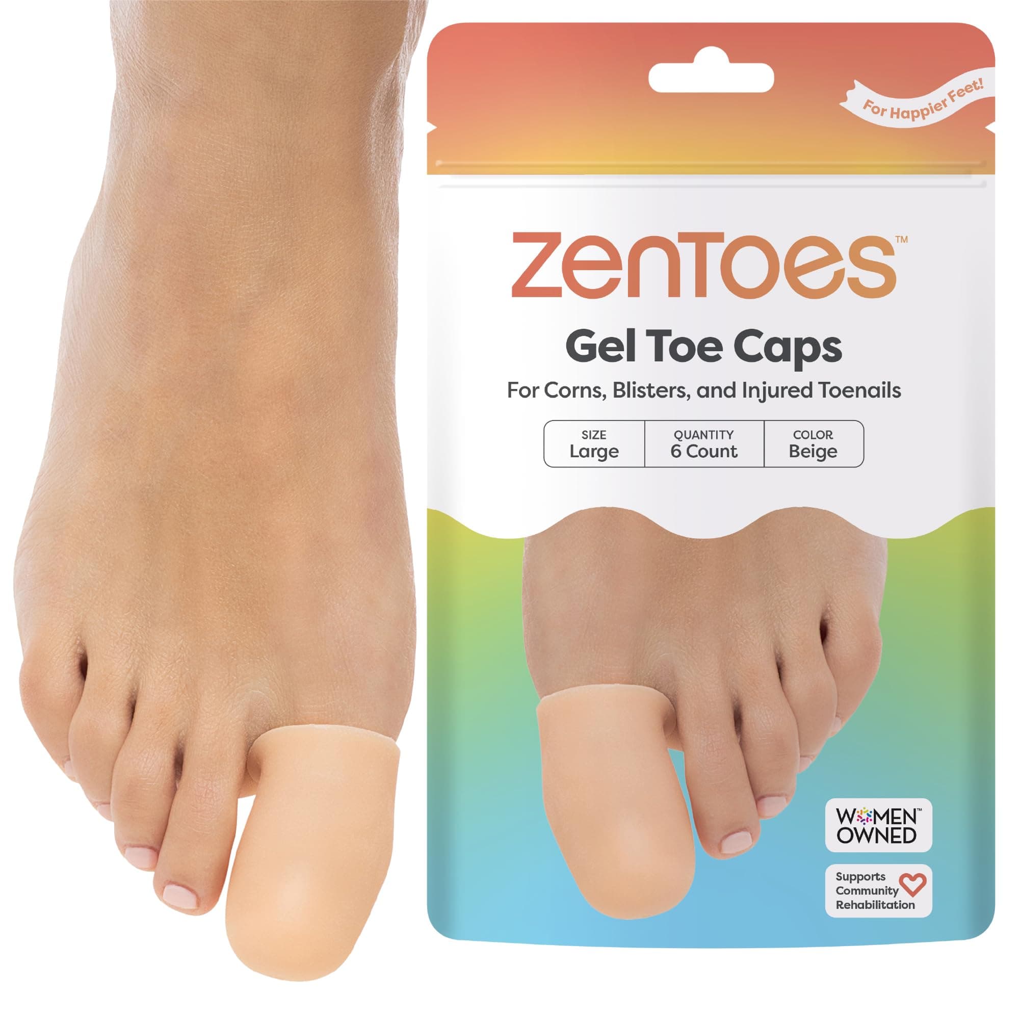 ZenToes Gel Toe Caps – Silicone Toe Protectors for Cushioning & Nail Coverage – Relief from Missing or Ingrown Toenails, Corns, Blisters or Hammer Toes, Reusable Daily Wear, 6 Pack (Large, Beige)