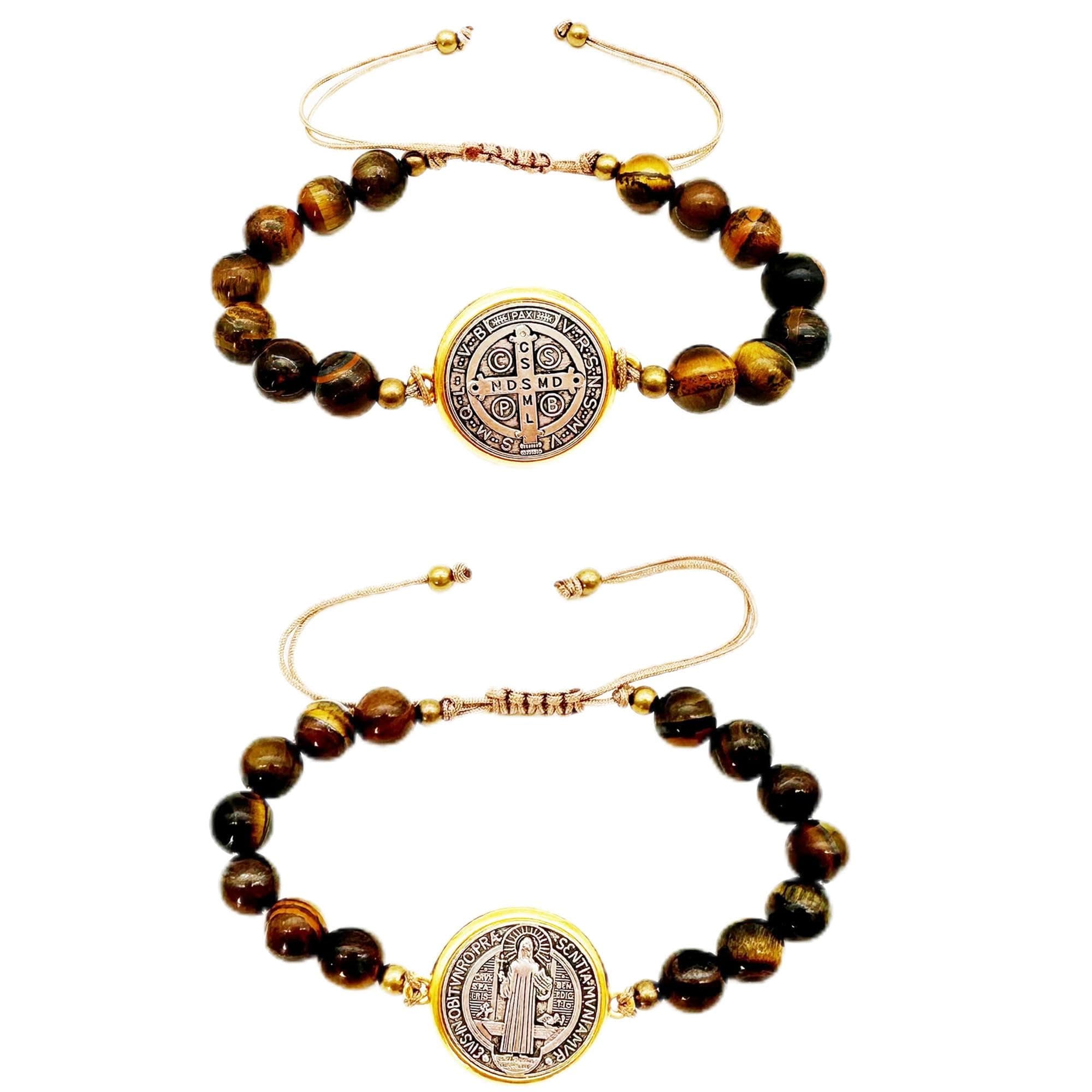 2Pcs San Benito Bracelets Tigher Eye Adjustable Bracelet Gift Trendy Stuff For Women Men Teen Boys The Saint Benedict Medal Pendant Protection Blessing Charm Catholic San Benito Medalla Handmade