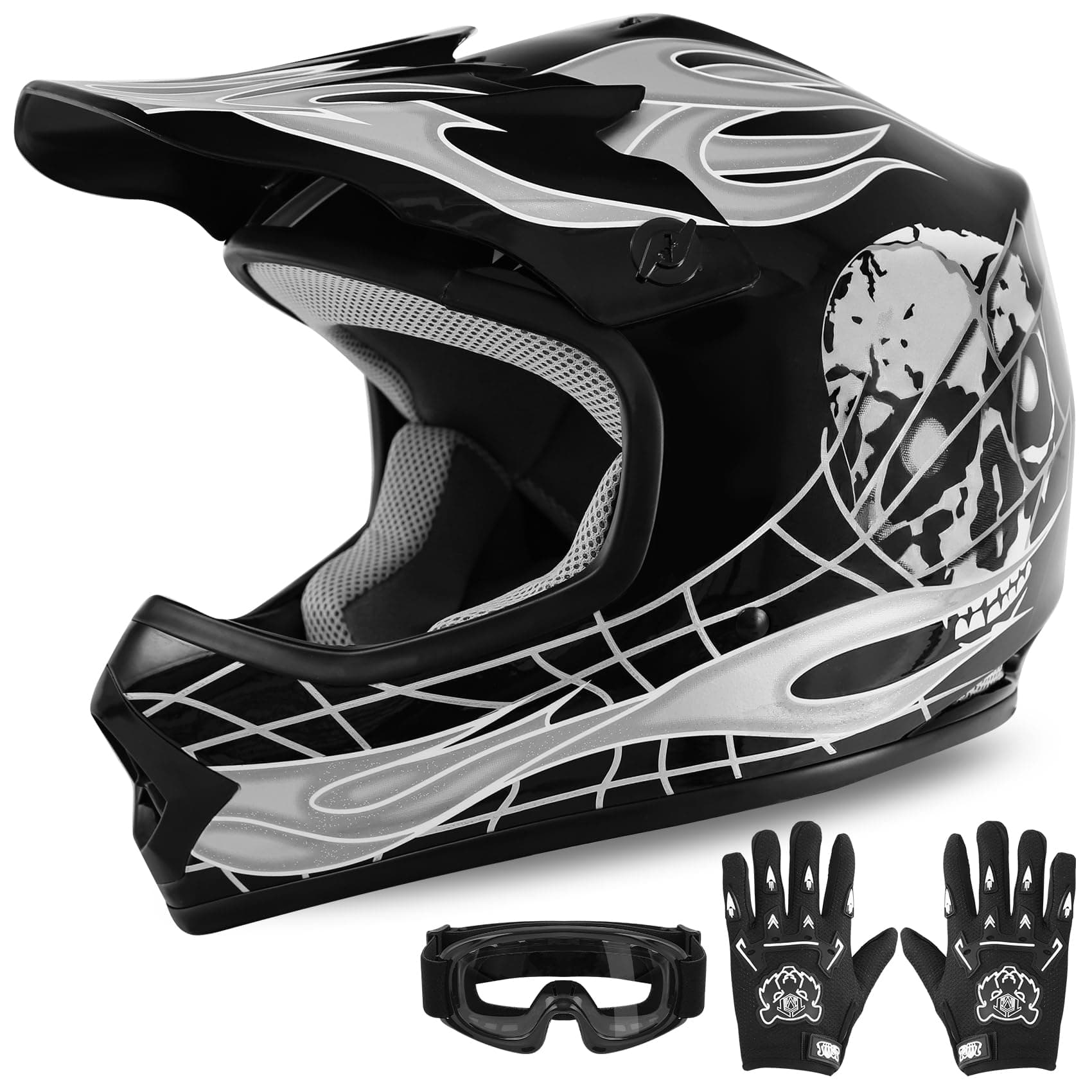 XFMT Kids Dirt Bike Helmet Youth Motorcycle Helmet DOT-Certified Full Face Helmets for Motocross ATV Off-Road Street Bike with Goggles & Gloves, Black Skull Medium