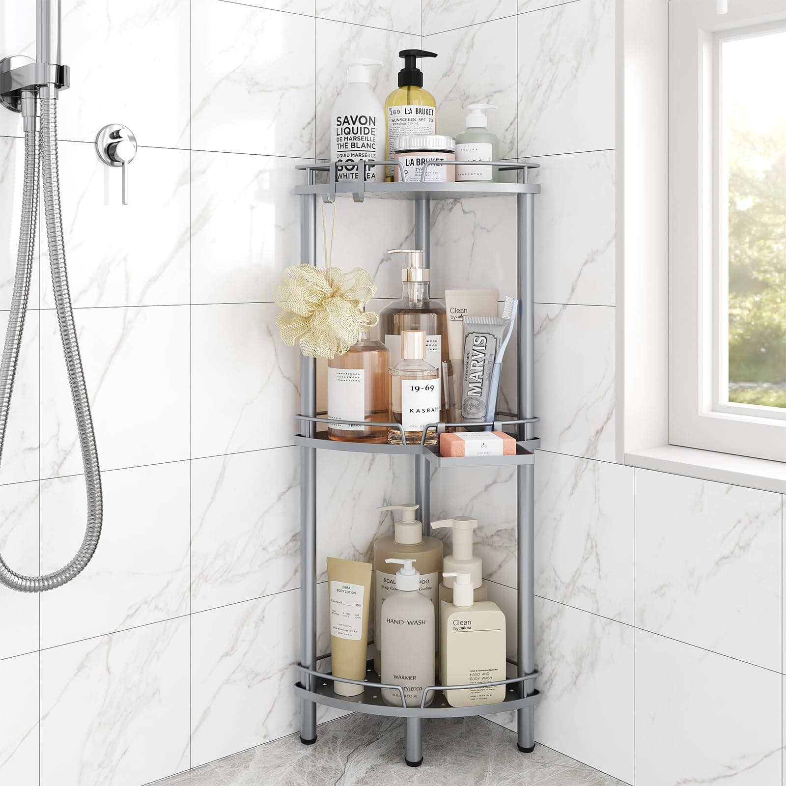 Corner Shower Caddy Standing, 3 Tier Rustproof Metal Shower Organizer with Soap Holder, Floor Shower Corner Shelf Rack Storage Stands with Adjustable Feet & 2 Hooks for Bathroom, Silver