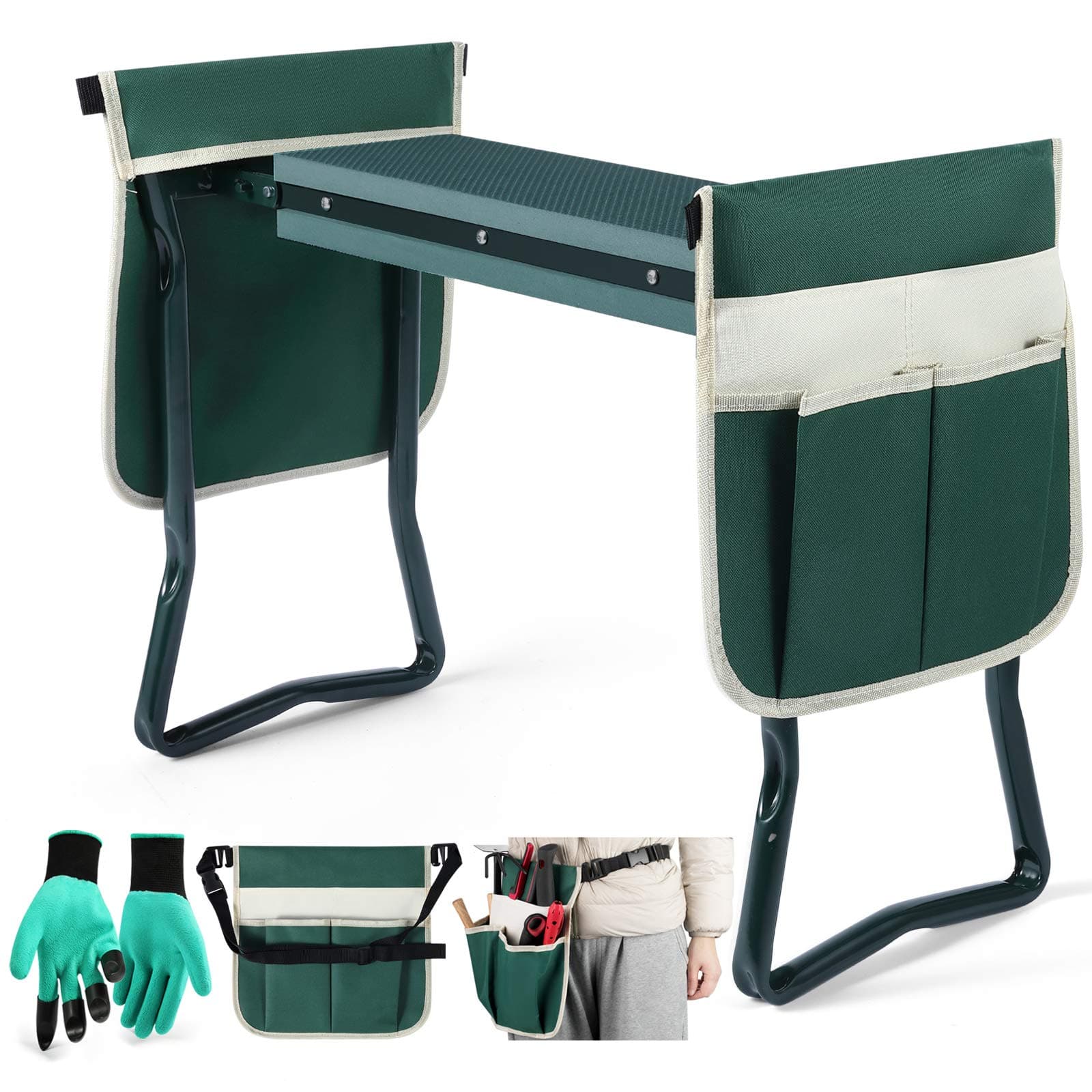 Artist hand Garden Kneeler Seat Gardening Workseat Garden Stools Foldable Stool w/Two Large Bonus Tool Pouches & Soft EVA Kneeling Pad Foldable Stool