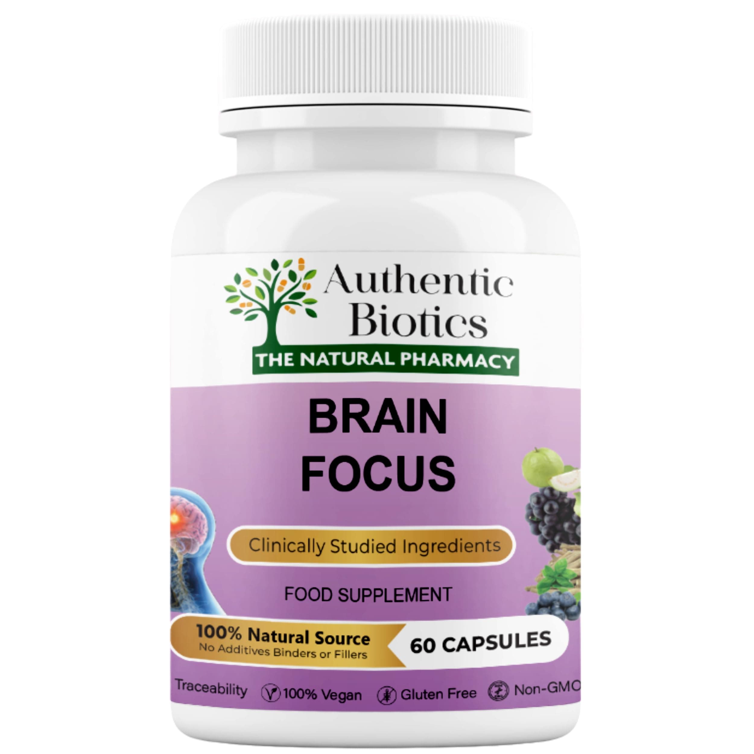 Brain Focus Supplement with Ashwagandha KSM-66 – Nootropic with B Complex & Magnesium | Energy, Memory, Focus & Mental Clarity | Vegan Cognitive Support | 60 Capsules