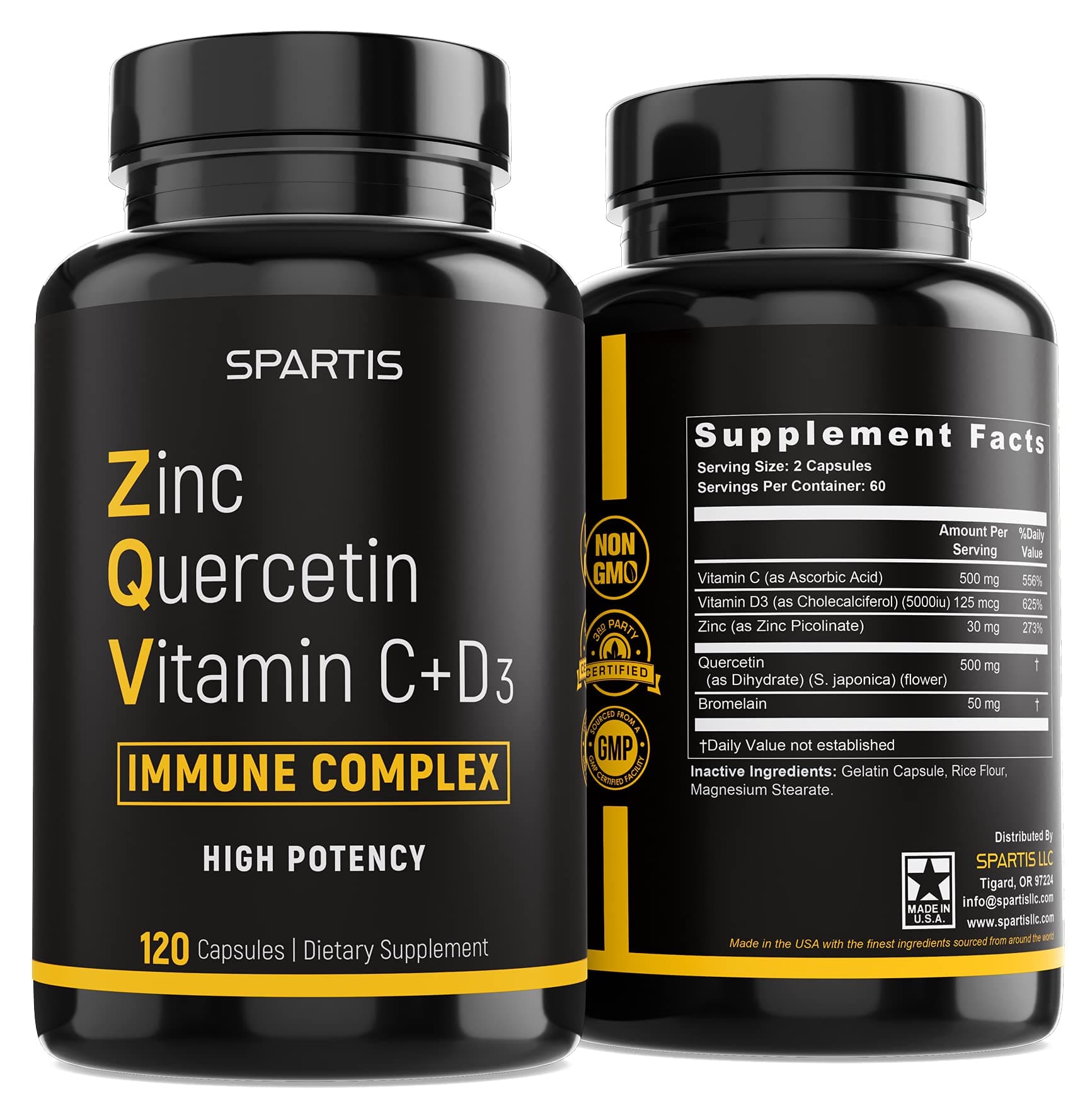 Zinc Quercetin 500mg with Vitamin C Vitamin D3 Bromelain Immune Support High Potency Quercetin Zinc Supplement ZQV (Pack of 1 Bottle at 120-Caps)