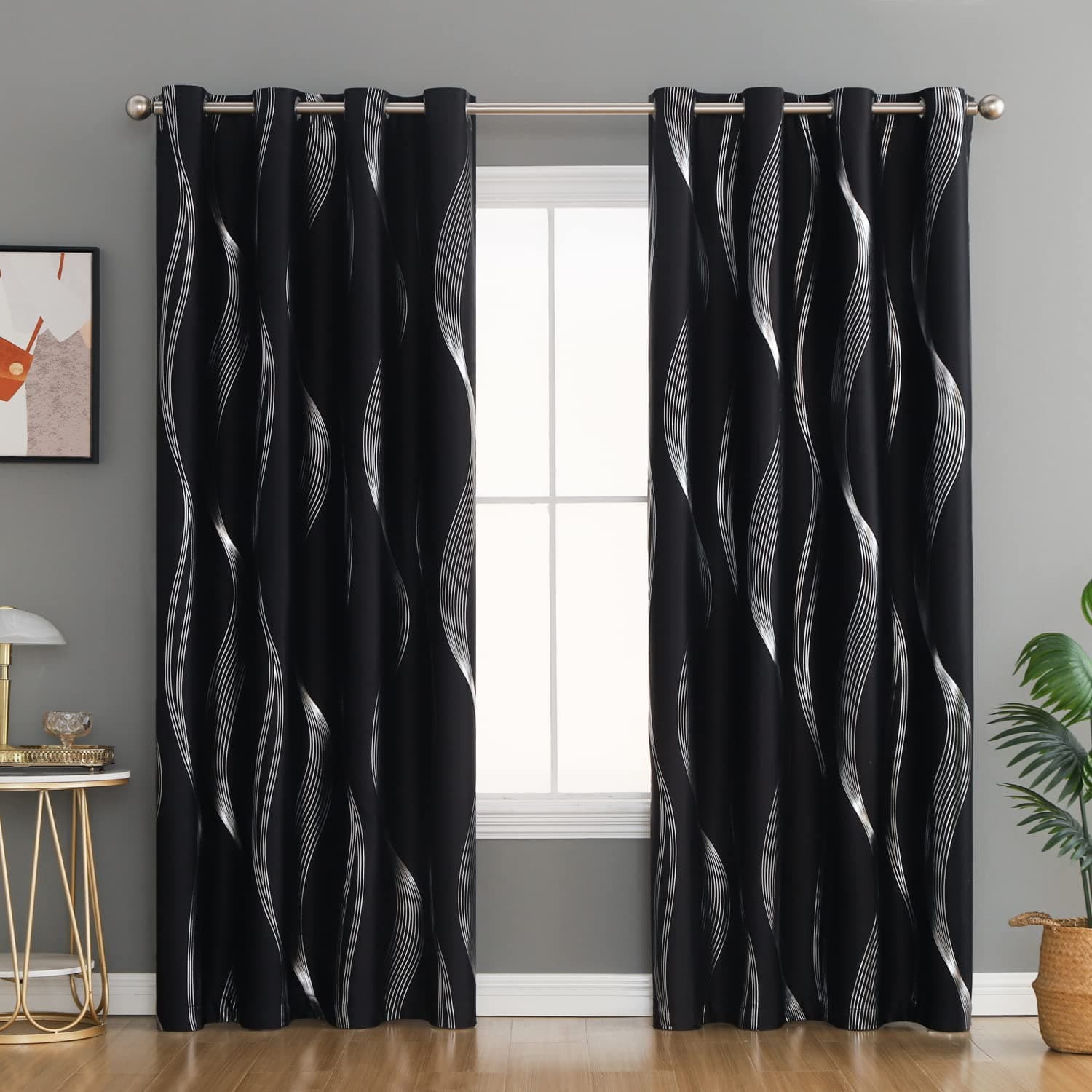 Dreaming Casa Black Blackout Curtains 84 inches Long 2 Panels Set, Foil Silver Streamer Grommet Thermal Insulated Window Curtains 52" W x 84" L