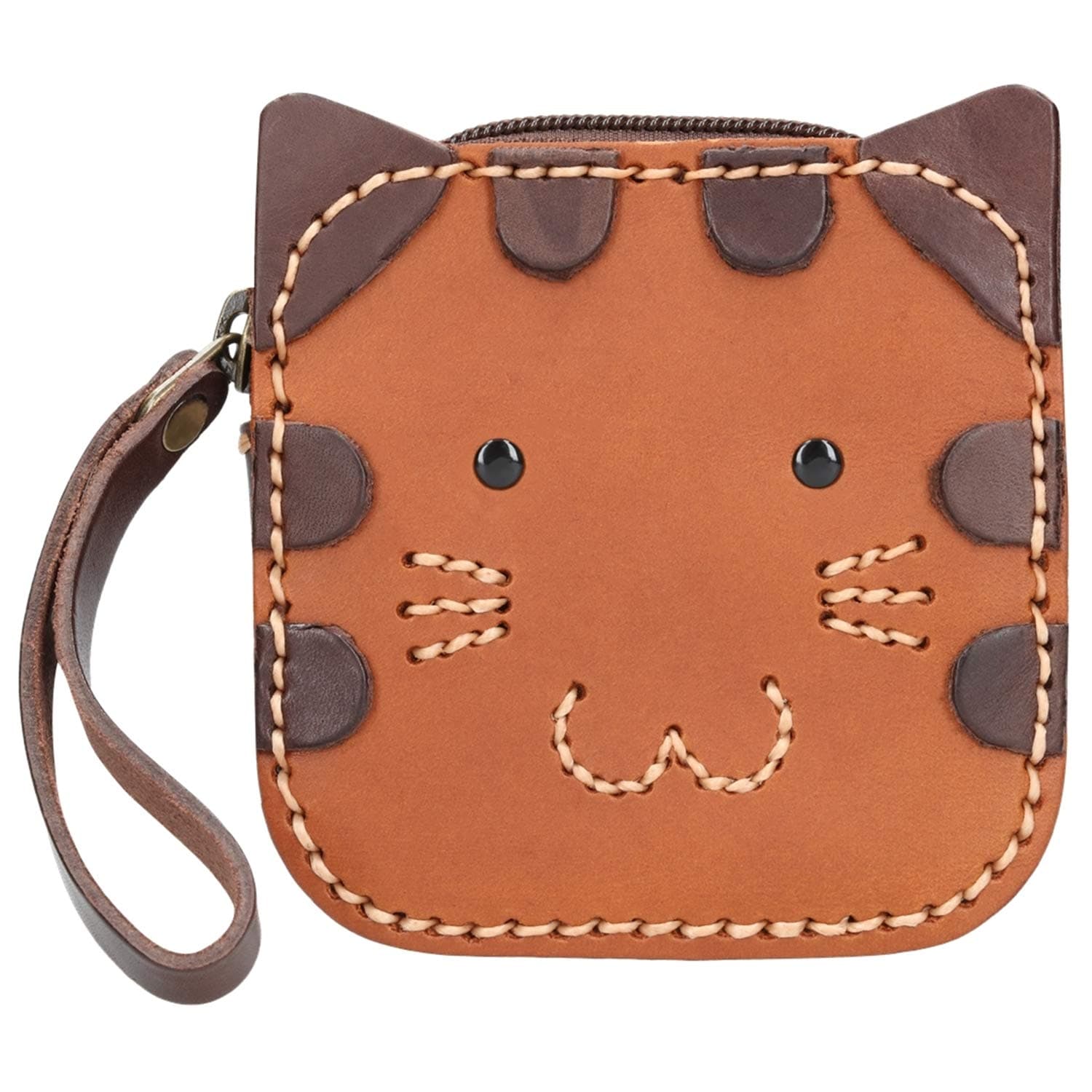 MAKOLO Genuine Leather Coin Purse for Women Men with Zipper Change Holder Pouch Wallet Pocket Money Mini Size 3.9 X 3.9 (Brown Cute Cat)