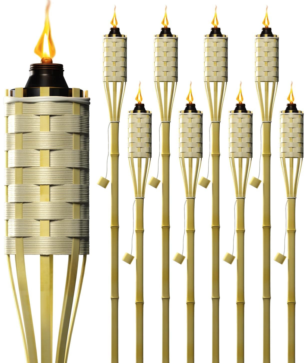 Matney Bamboo Torches for Outside Mosquitos Repellent - XL 60 Inches (8 Pack) - Includes Metal Oil Canisters with Snuffer Covers - Mosquito Torches Outdoor - Patio Outdoor Decorating & Parties