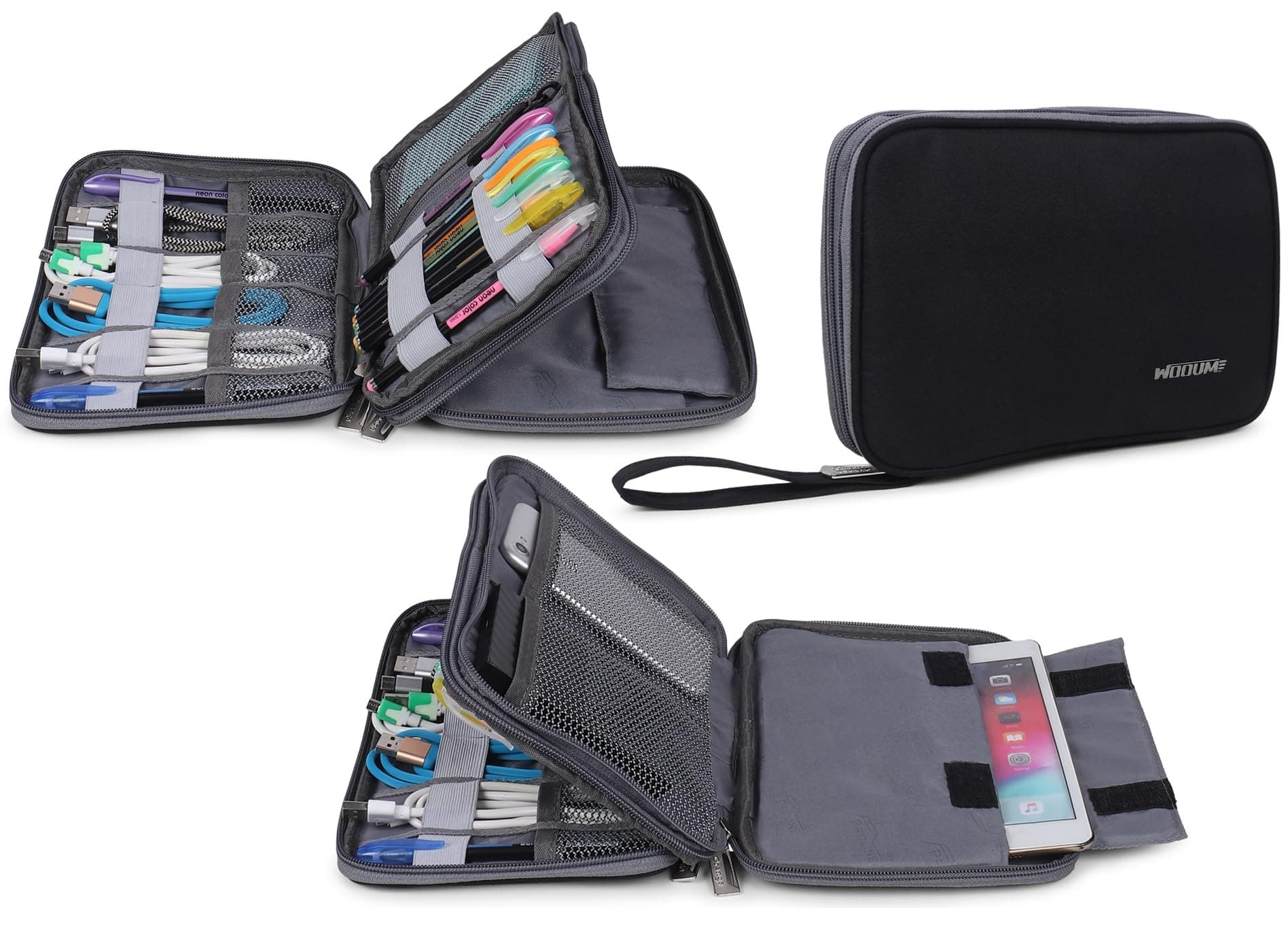 Wooum Polyester Cable And Electronic Accessories Storage Bag, Carrying And Traveling Case For Wires Charger Usb Digital Gadget Power Bank Earphone Cable, Pen Storage Bags -Black