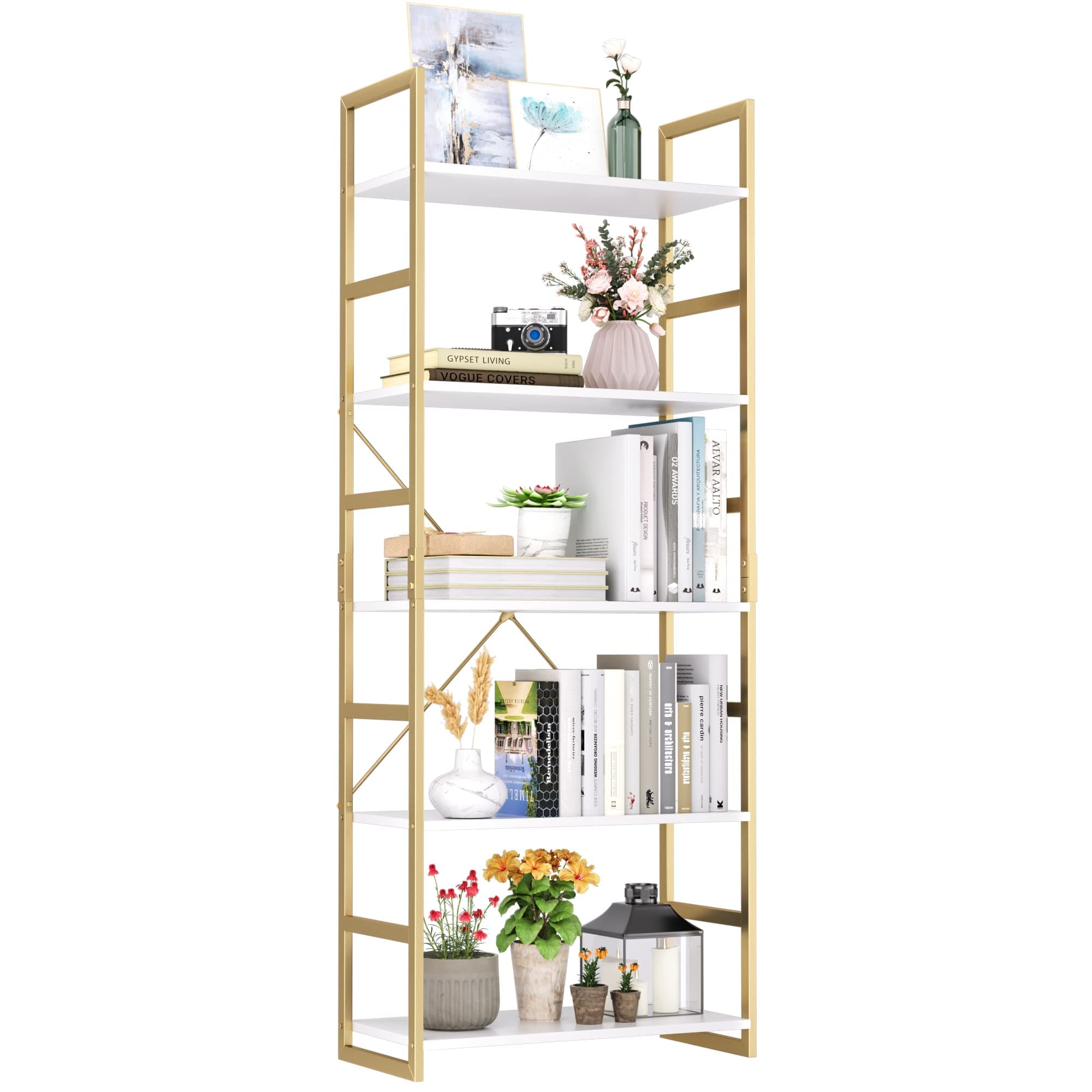 FINETONES 5 Tier Bookshelf, Industrial Gold Bookcase with Metal Frame, Modern Display Shelves Plant Flower Stand Rack for Bedroom Living Room Home Office, White and Gold