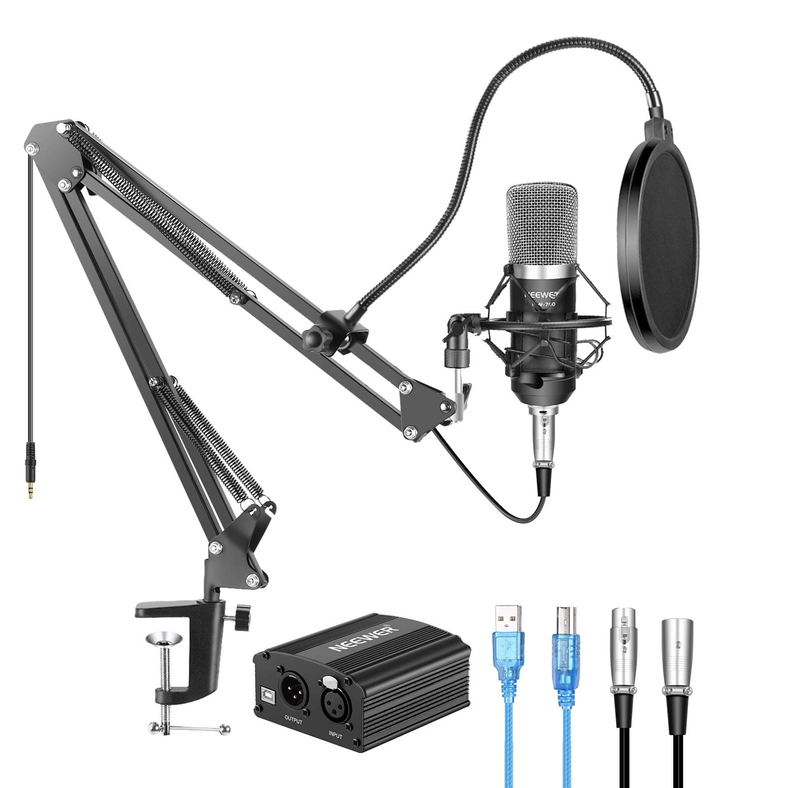 Neewer NW-700 Condenser Microphone Kit with USB 48V Phantom Power Supply, NW-35 Suspension Scissor Arm Stand, Shock Mount, Pop Filter for Home Studio Recording Broadcast YouTube Live Periscope(Black)