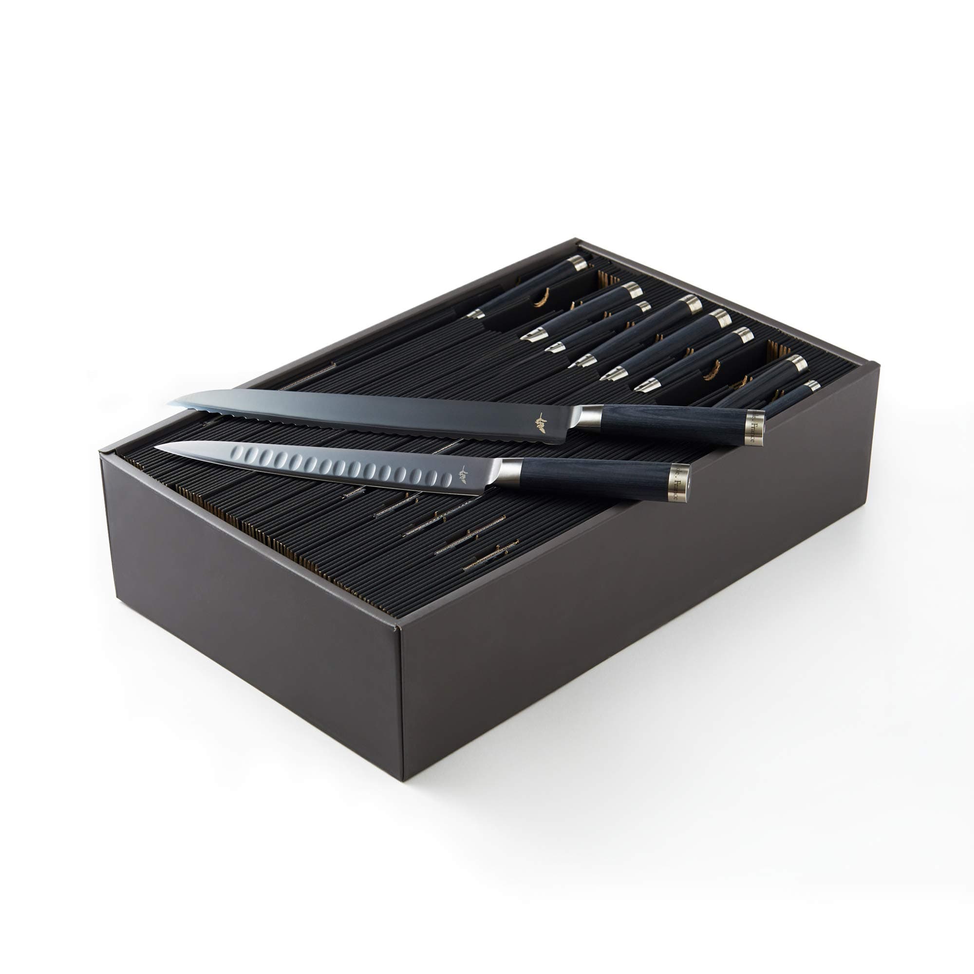 Michel BRAS 10 Piece Knife Set, Handcrafted Kitchen Knife Set, 3 Layer Stainless Steel Blades, Black Pakkawood Handles, Precision and Sharpness for Professional and Home Chefs