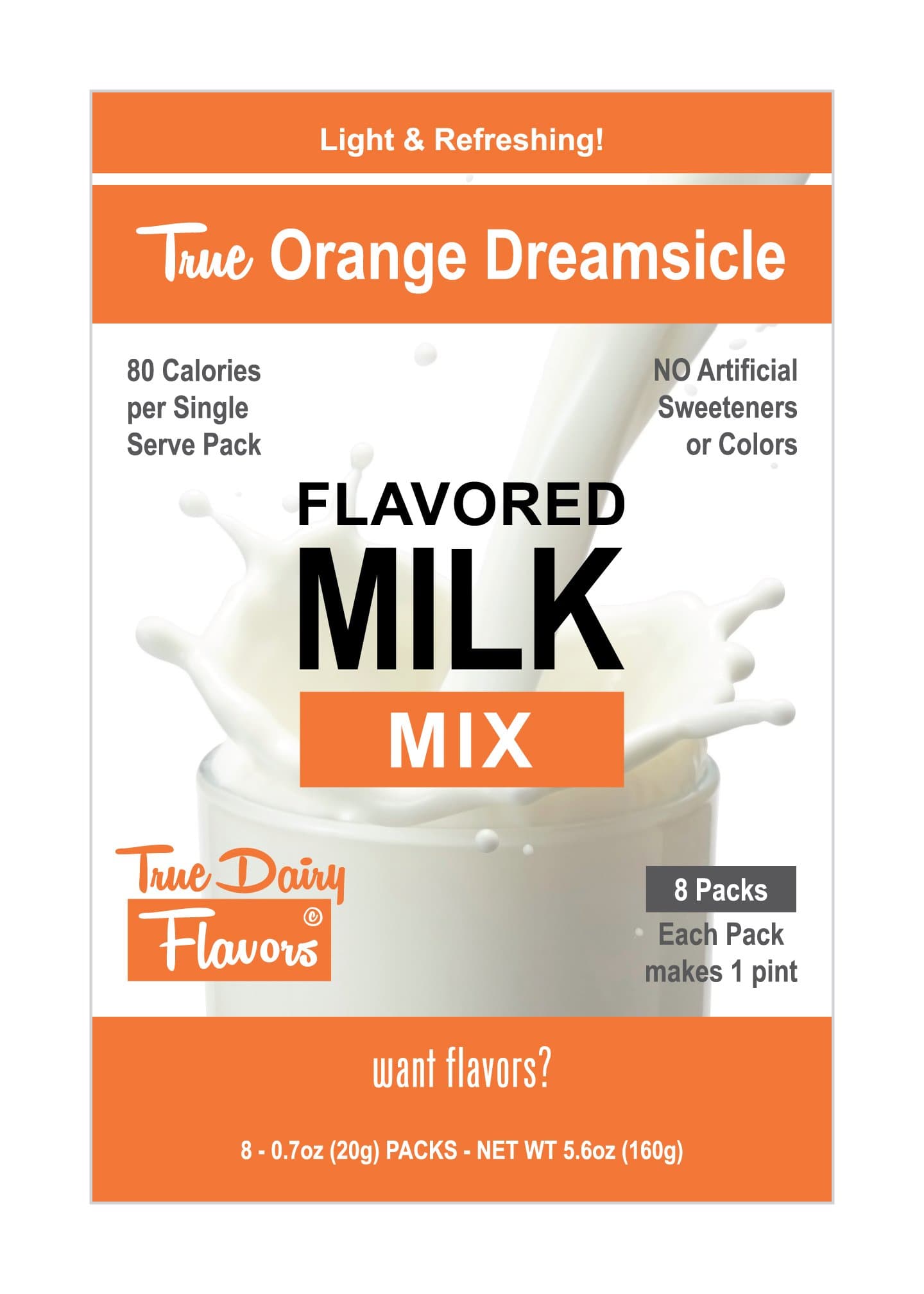True Dairy Flavors Orange Dreamsicle Flavored Milk Mix, 8 Pack of 20 g Single Serve Sticks