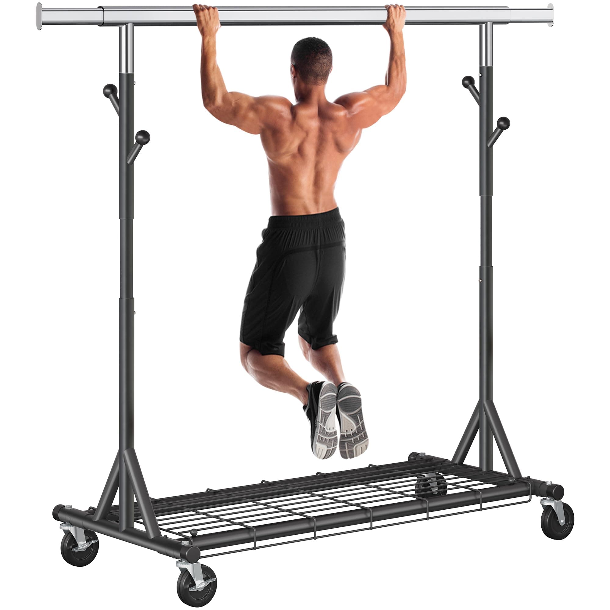 Garment Rack Load 530lbs,Heavy Duty Rolling Clothes Rack With Sturdy Wheel And Shelves, Adjustable Portable Hanging Rack For Clothes, Chrome Stainless Steel, Black