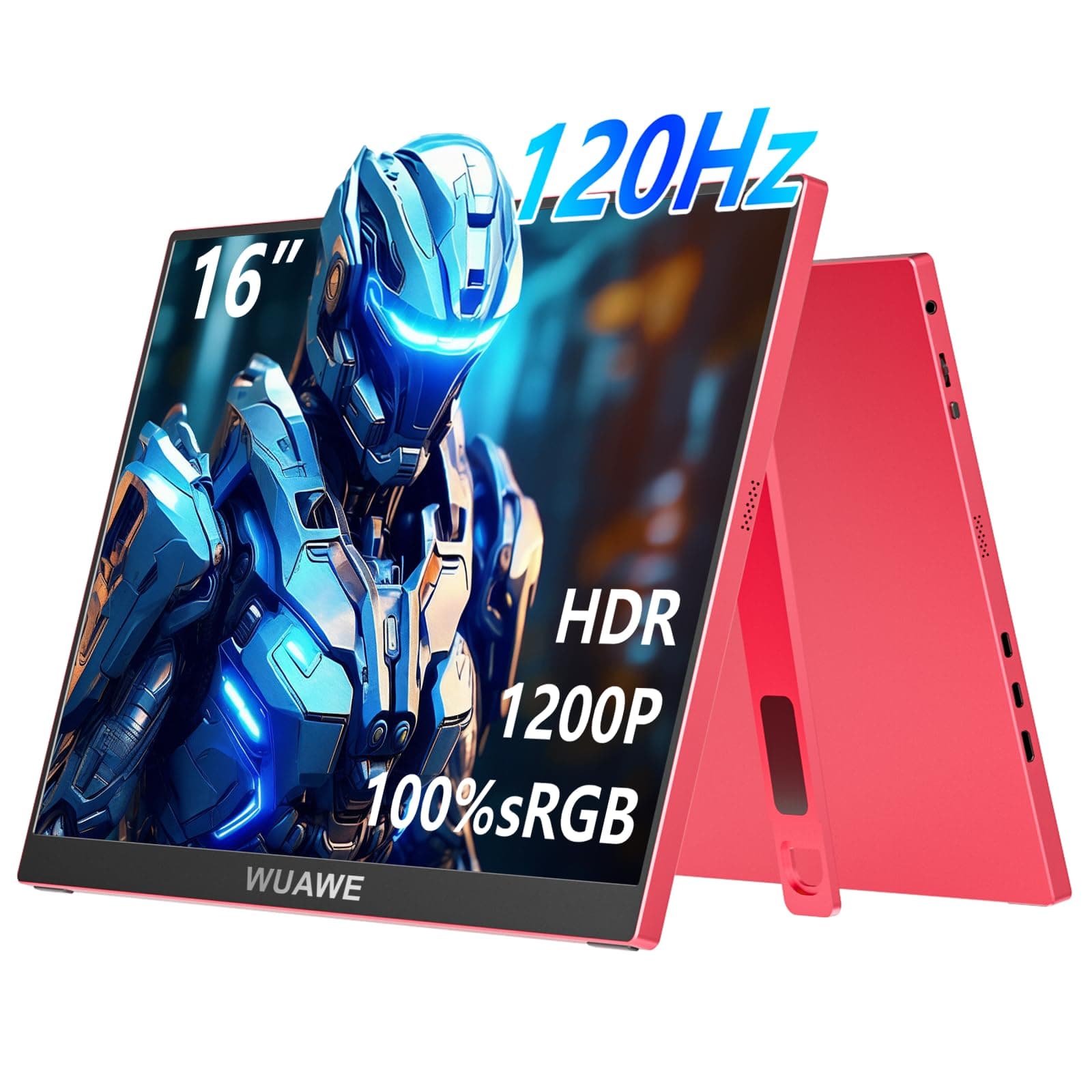 WUAWE 16" 1200P 120Hz Portable Monitor, 100% sRGB Portable Gaming Monitor with Built-in Stand, HDR and Freensync, External USB C Monitor for Laptop, PC, Phone, Switch and PS5, Red
