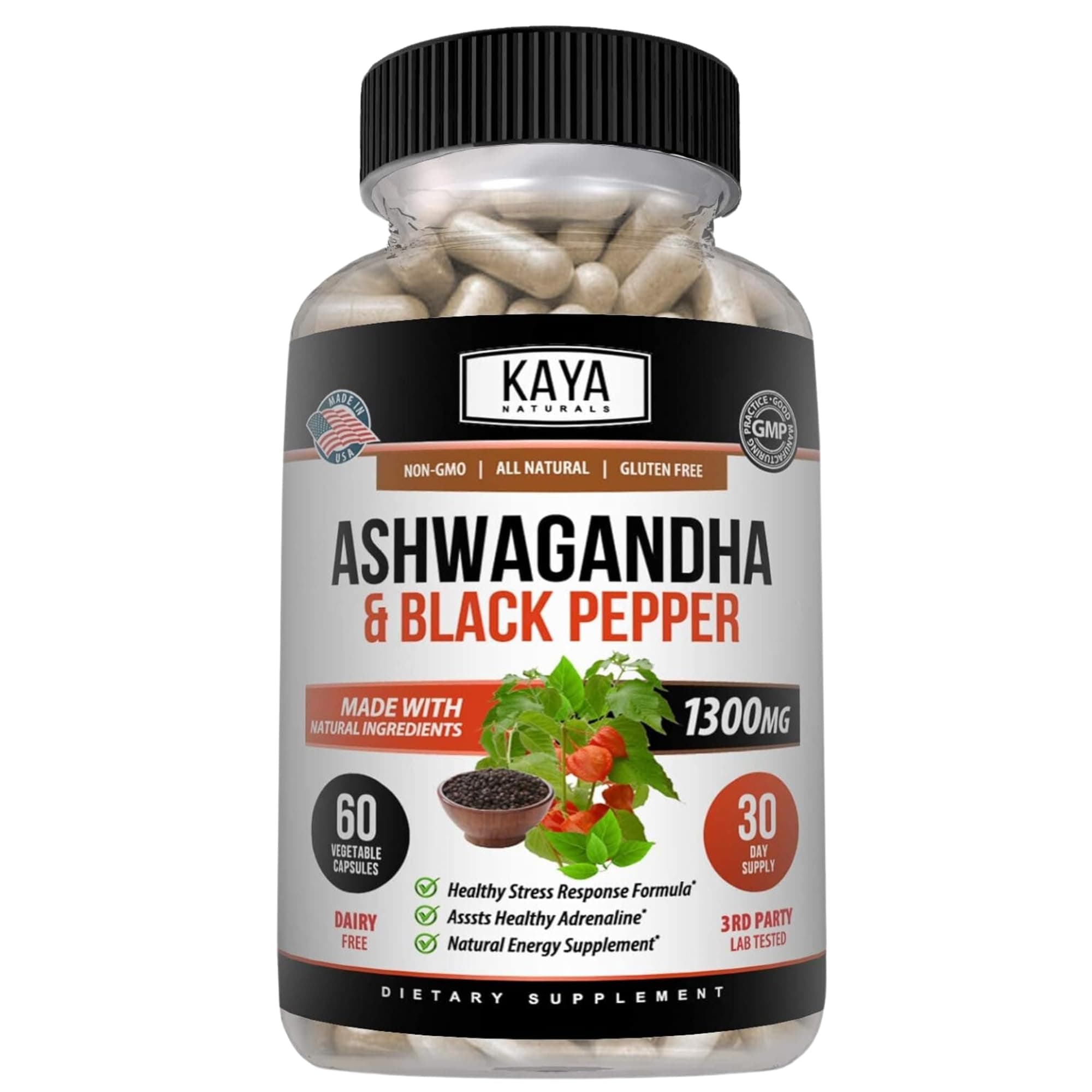 Kaya Naturals Ashwagandha Capsules Extra Strength - Stress Relief Formula, Natural Mood Support, Stress, Focus, and Energy Support Supplement, 60 Capsules